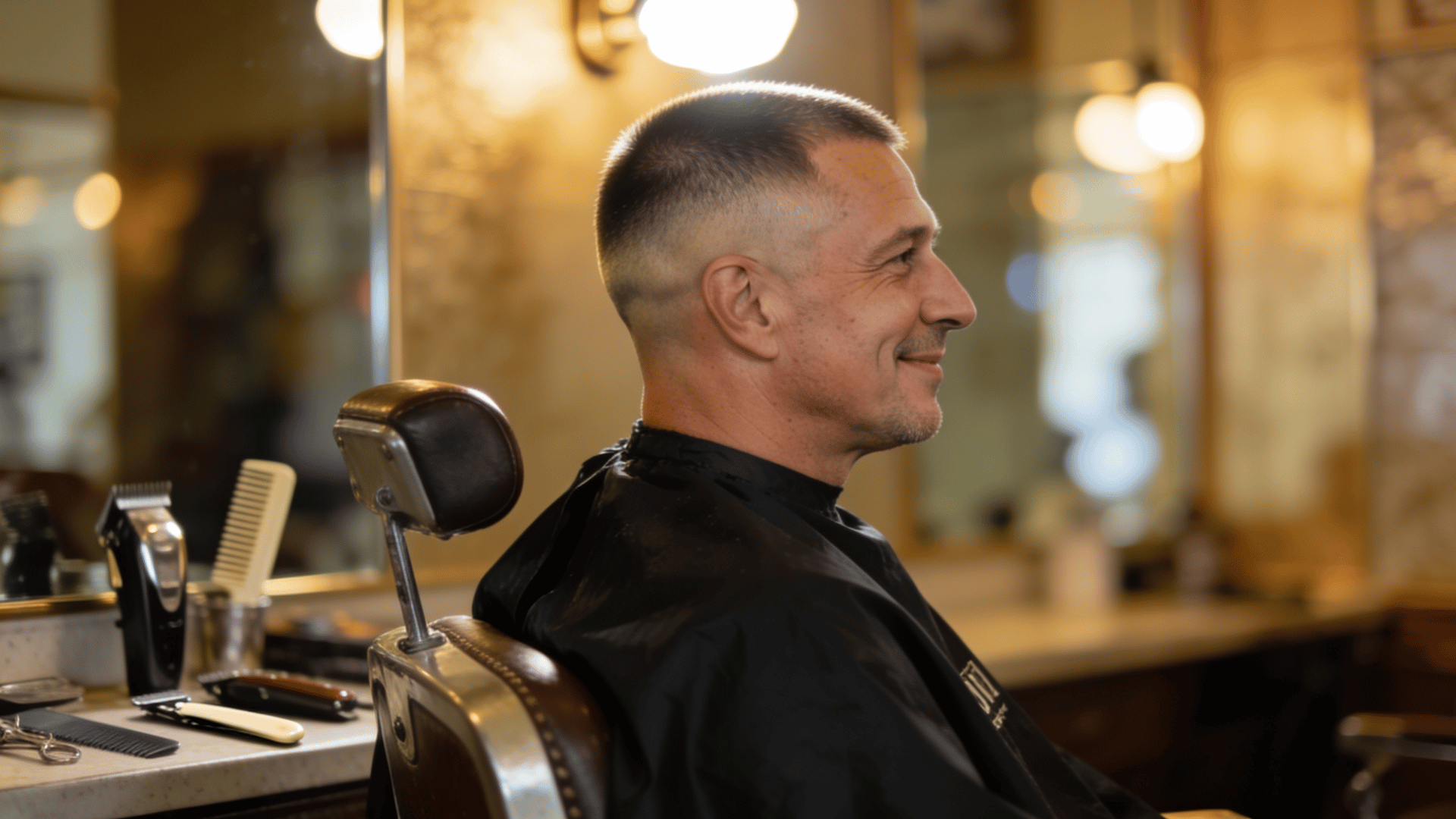 short fade haircut with clean sides and textured top styled on a man in a modern barbershop chair