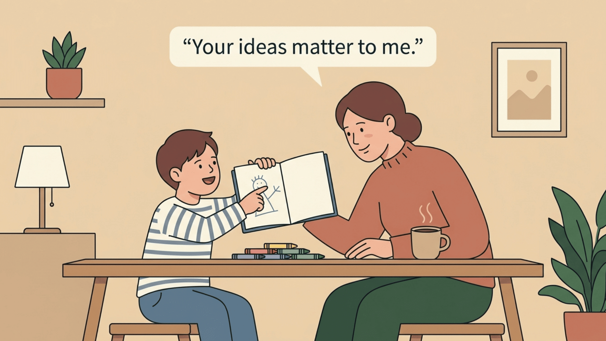 parent listening to child share ideas during a warm everyday conversation at home