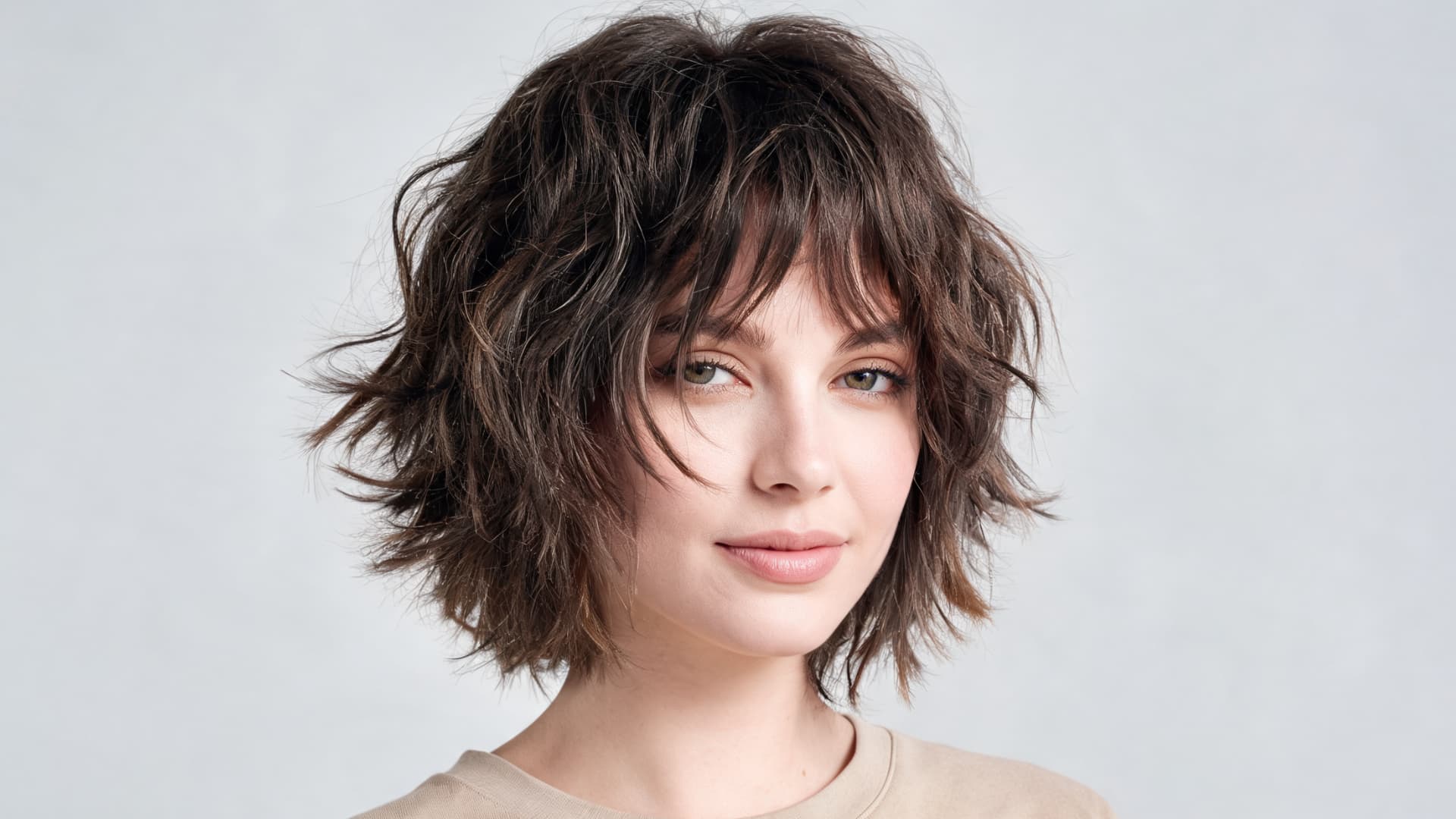 short shag haircut with layered thick hair textured ends and relaxed natural movement