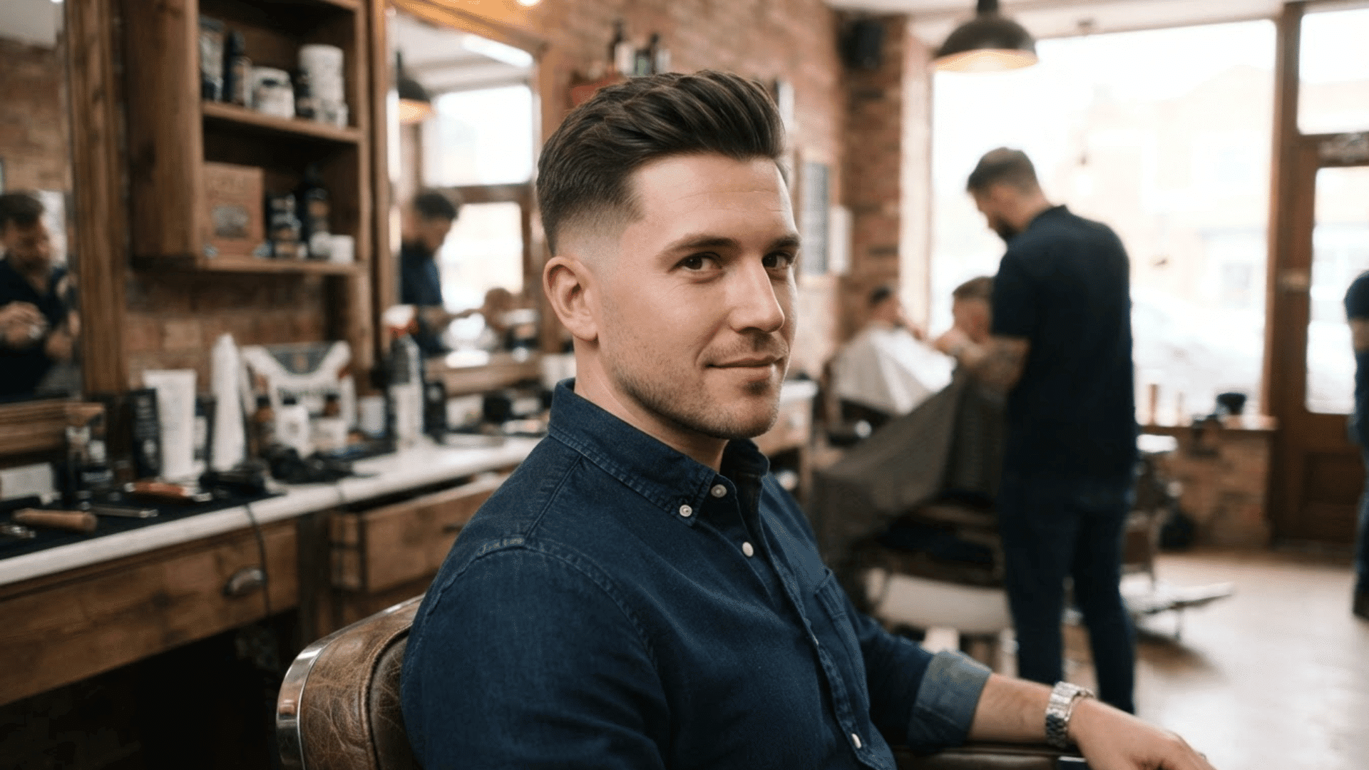 short textured low fade haircut with styled top on man sitting in barber chair with modern salon interior background