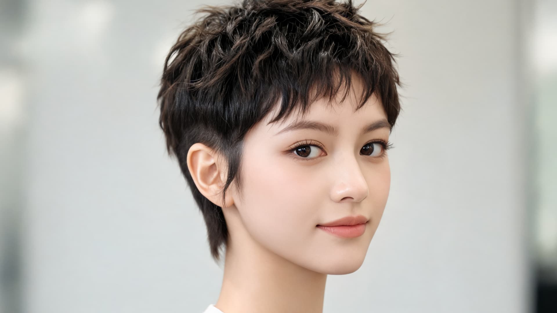 short textured pixie haircut for thick hair with choppy layers and natural volume in a clean salon setting