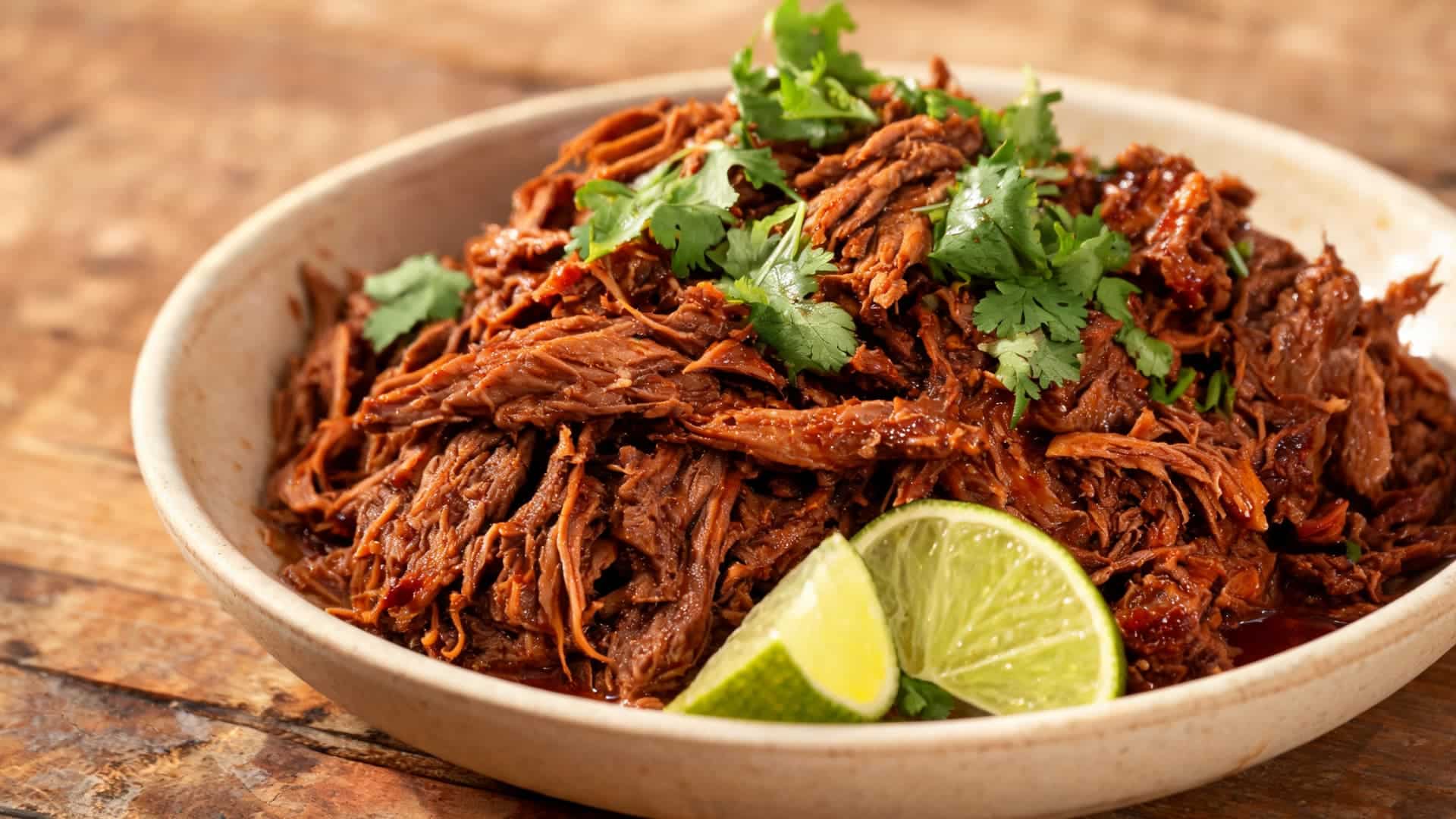 shredded beef barbacoa with fresh cilantro and lime wedges served in a bowl on a rustic wooden table