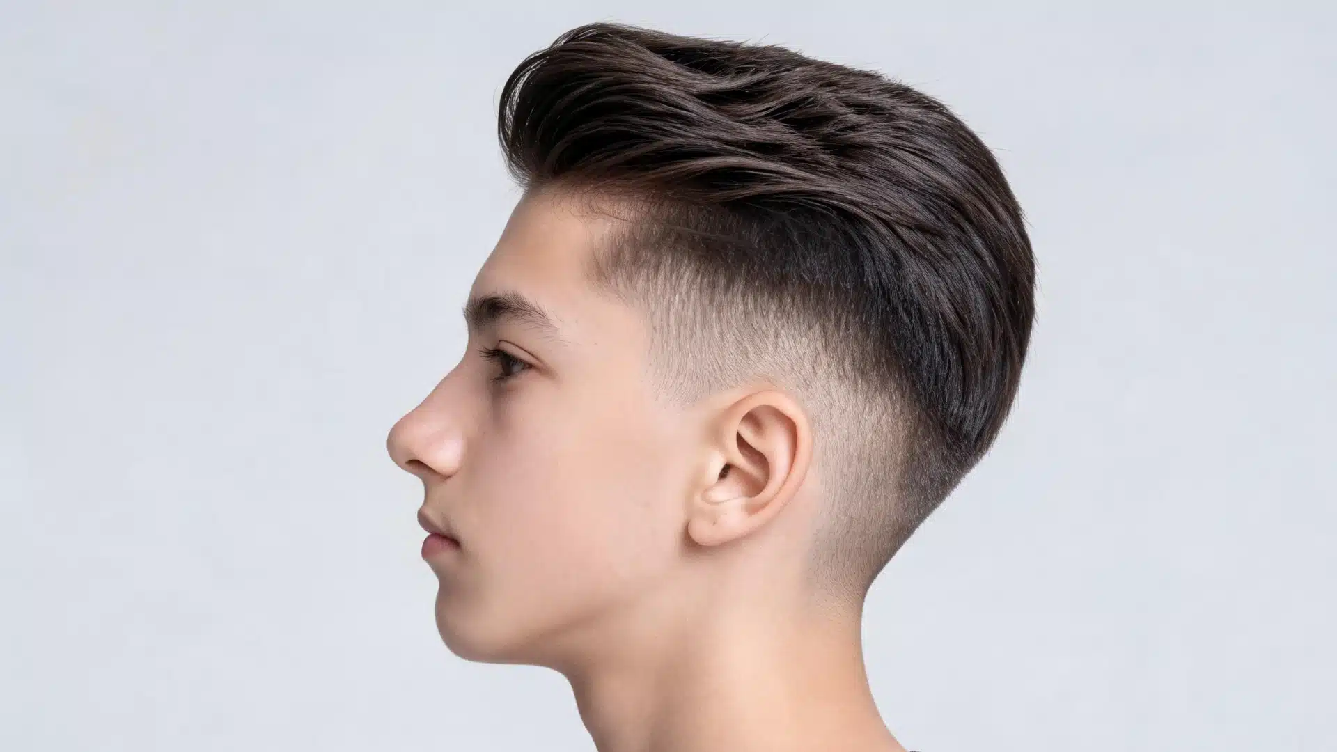 side profile of a boy with a slick back undercut featuring smooth combed back hair and a clean high fade