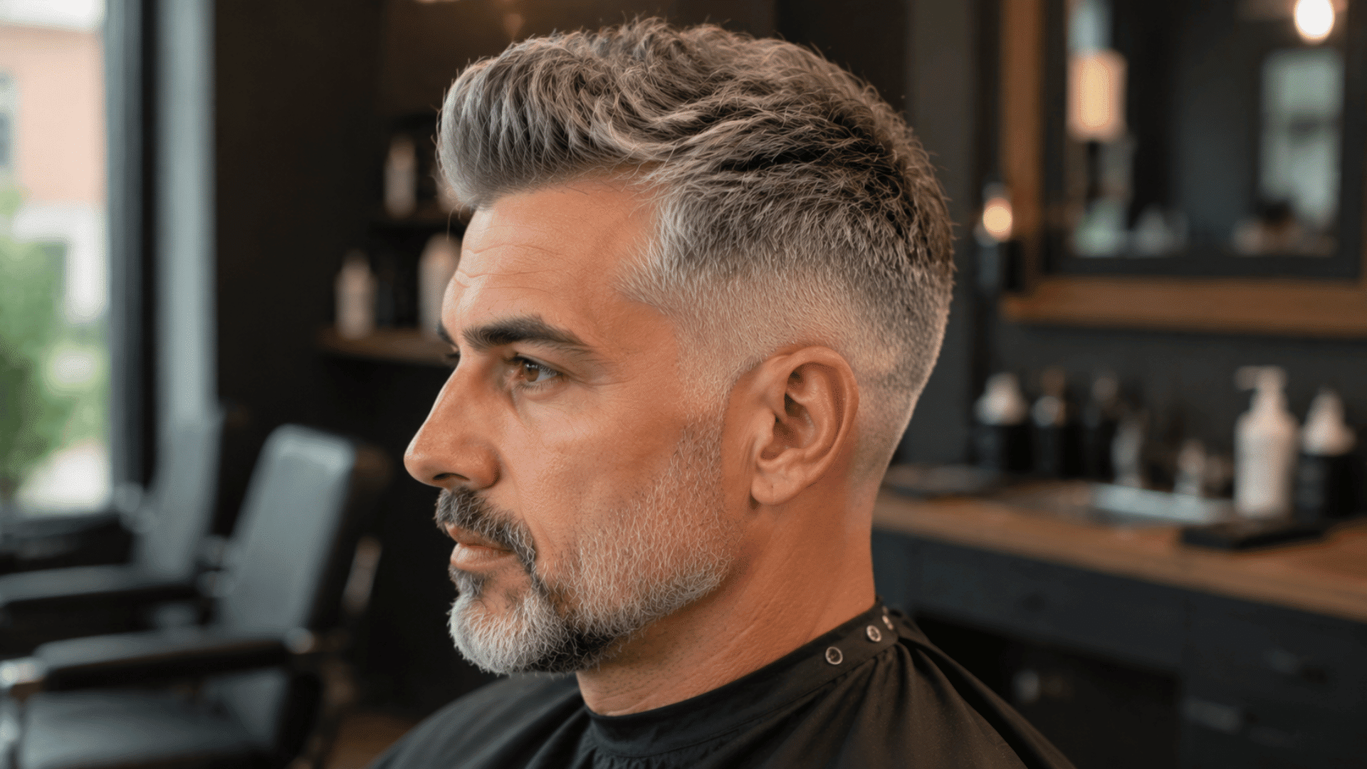side profile of a mature man with thick grey hair in a textured quiff and skin fade haircut at a barbershop