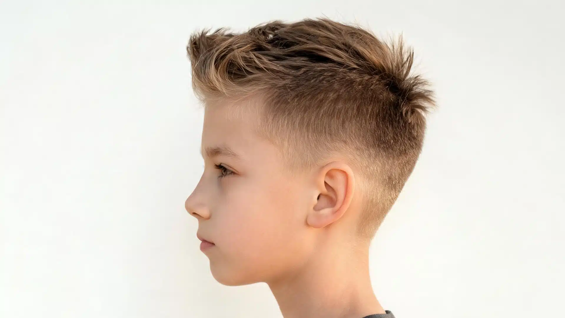 side profile of a young boy with a brush up fade haircut featuring lifted textured hair and neatly faded sides