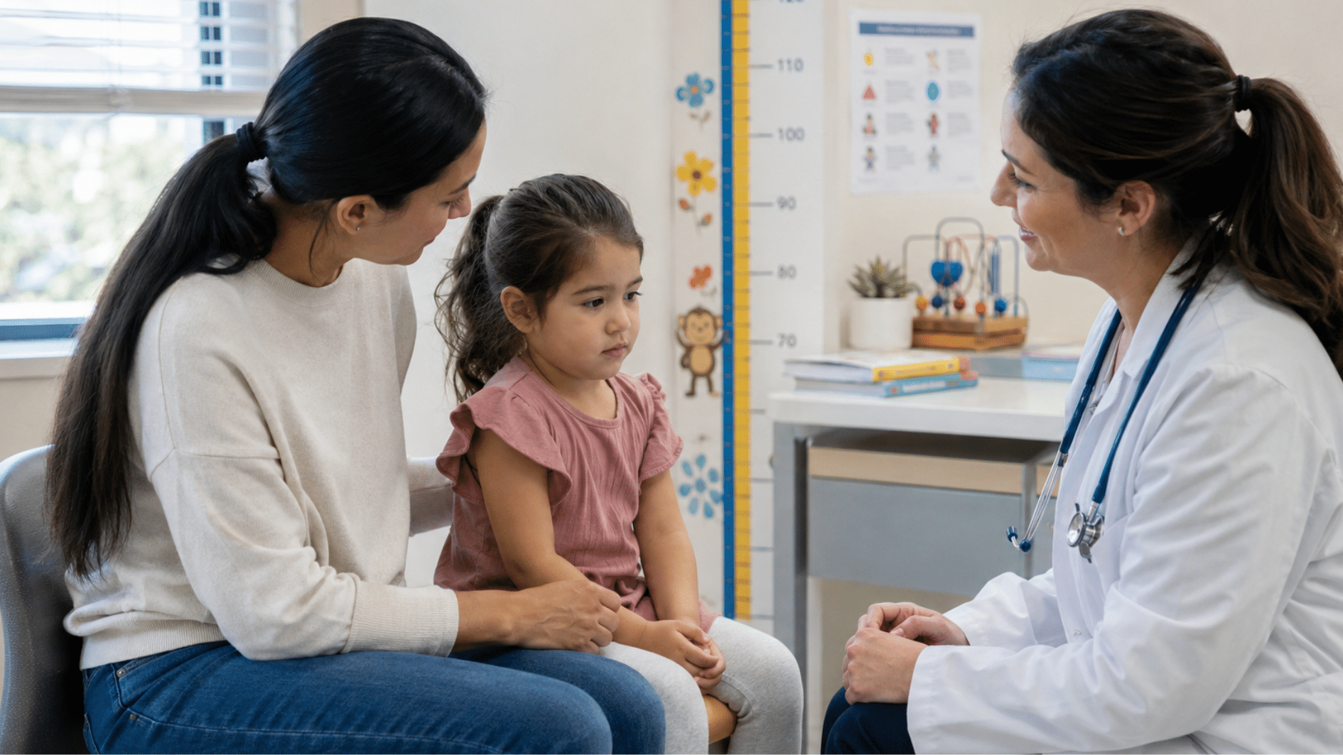 Pediatrician talking gently with a 4-year-old child during a checkup