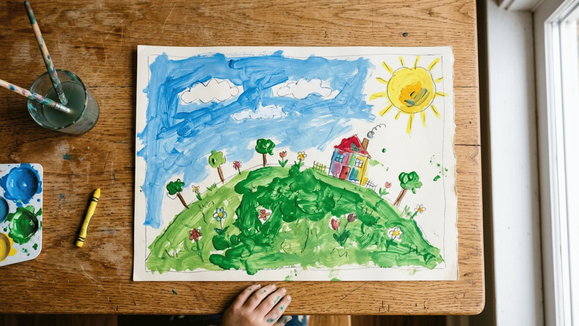 school age landscape painting with a hill and sun
