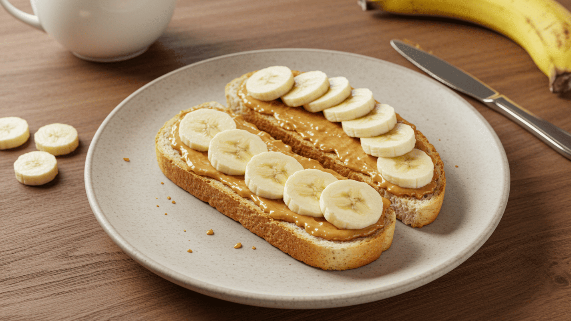 single banana peanut butter toast on ceramic plate, creamy peanut butter spread, sliced banana fanned, warm tones