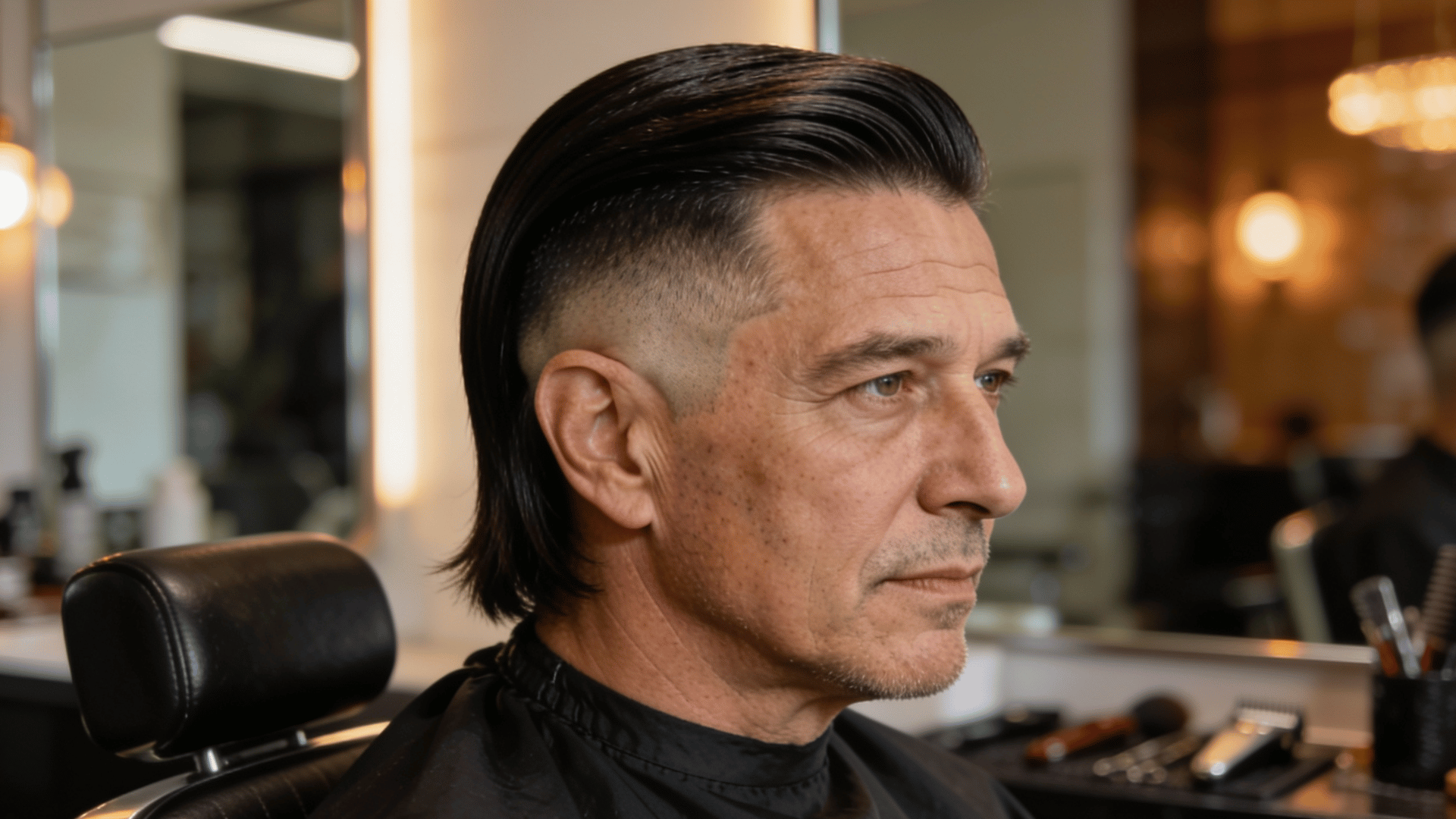 slick back fade haircut with long top styling and tapered sides in a modern barbershop setting