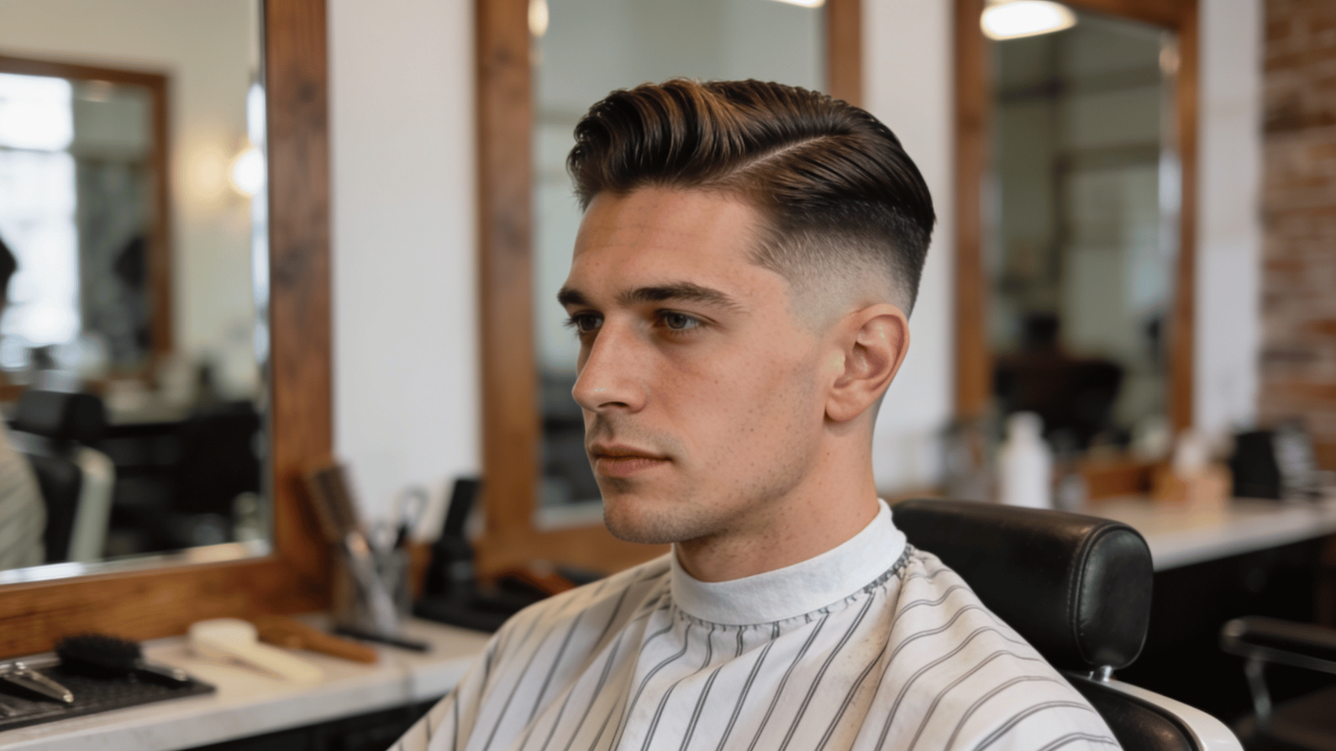 slick side part fade haircut with neatly styled top and clean tapered sides in a modern barbershop setting