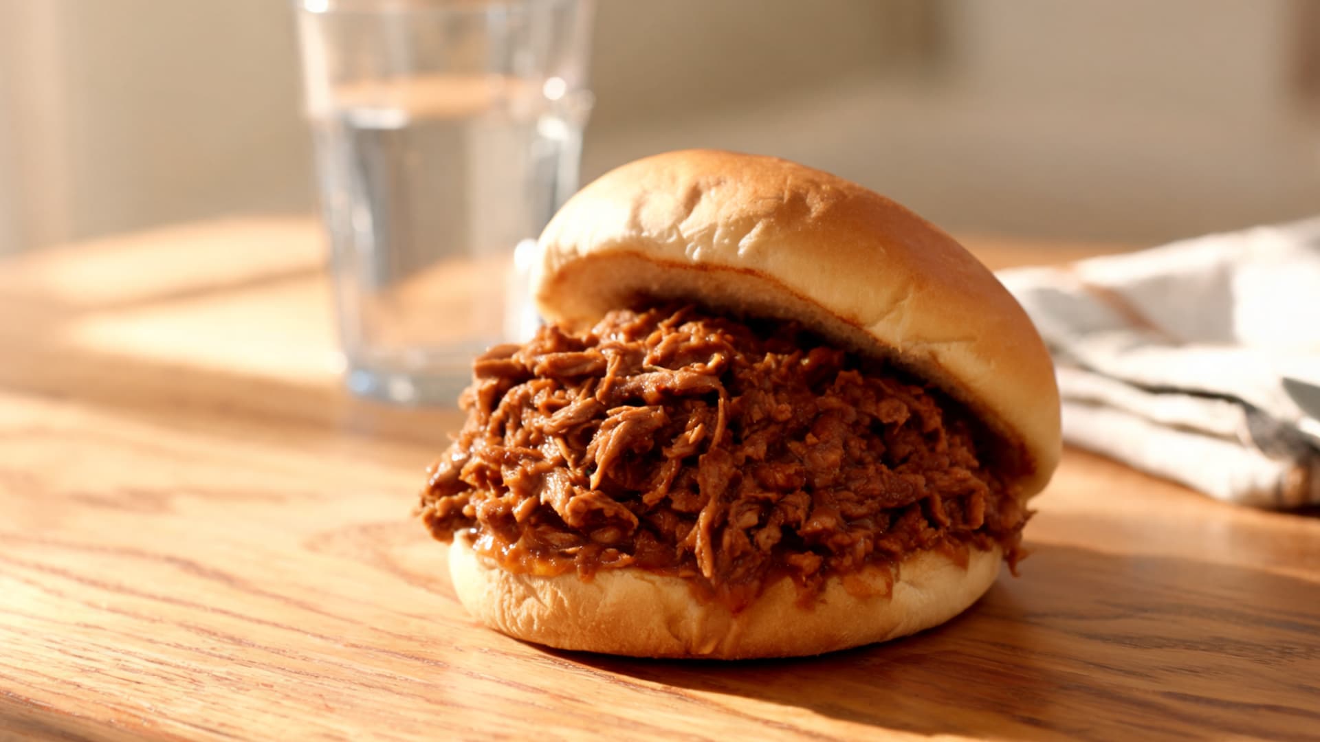 sloppy joe beef sandwich with saucy ground beef filling served on a soft bun over a wooden table in warm lighting