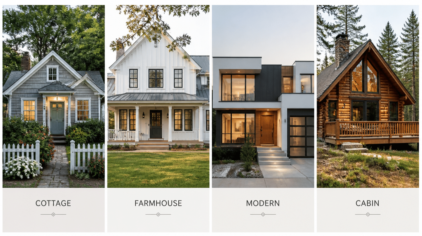 small house styles comparison featuring cottage farmhouse modern and cabin home designs side by side
