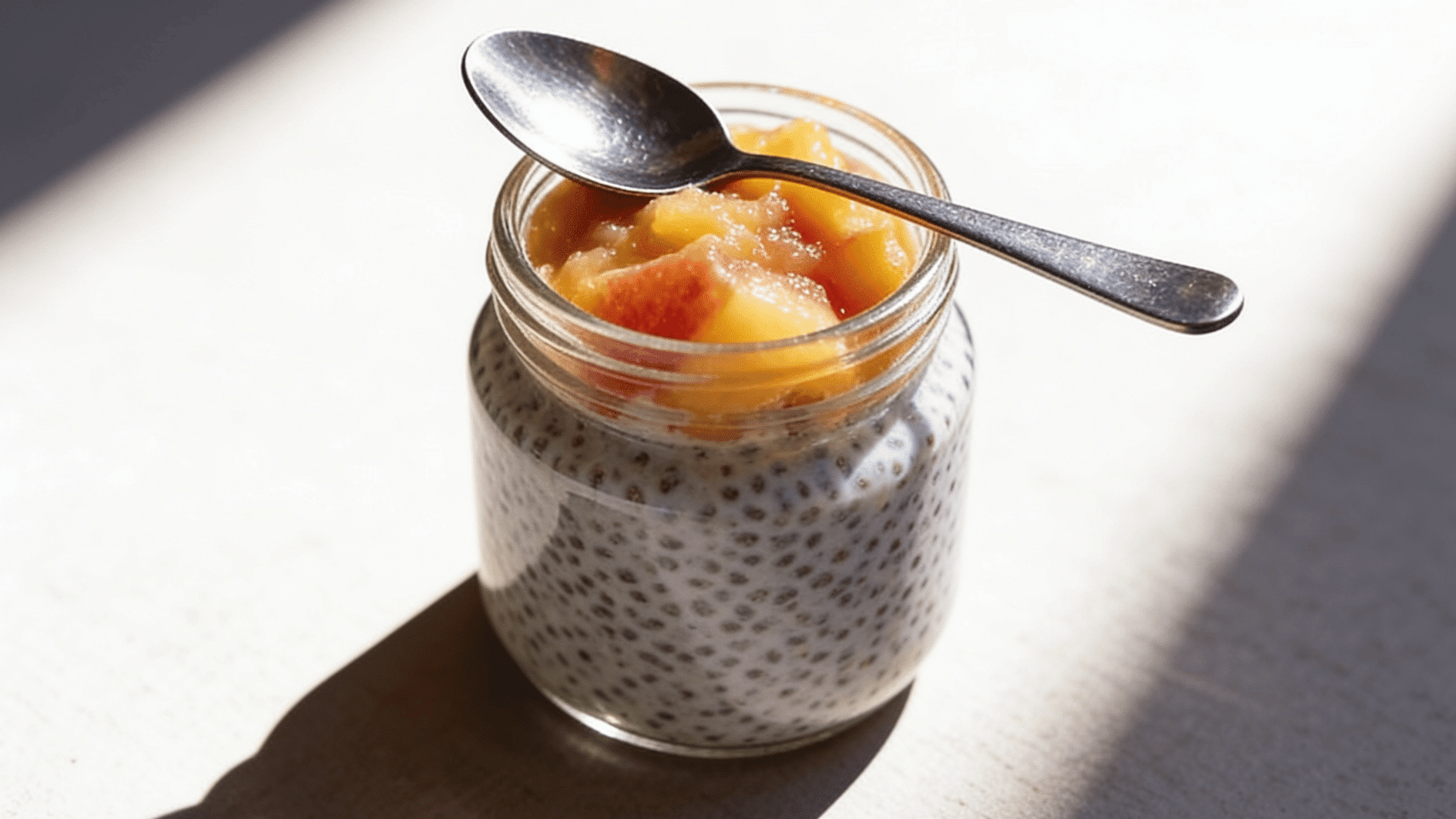 small jar of thick chia pudding topped with mashed fruit,