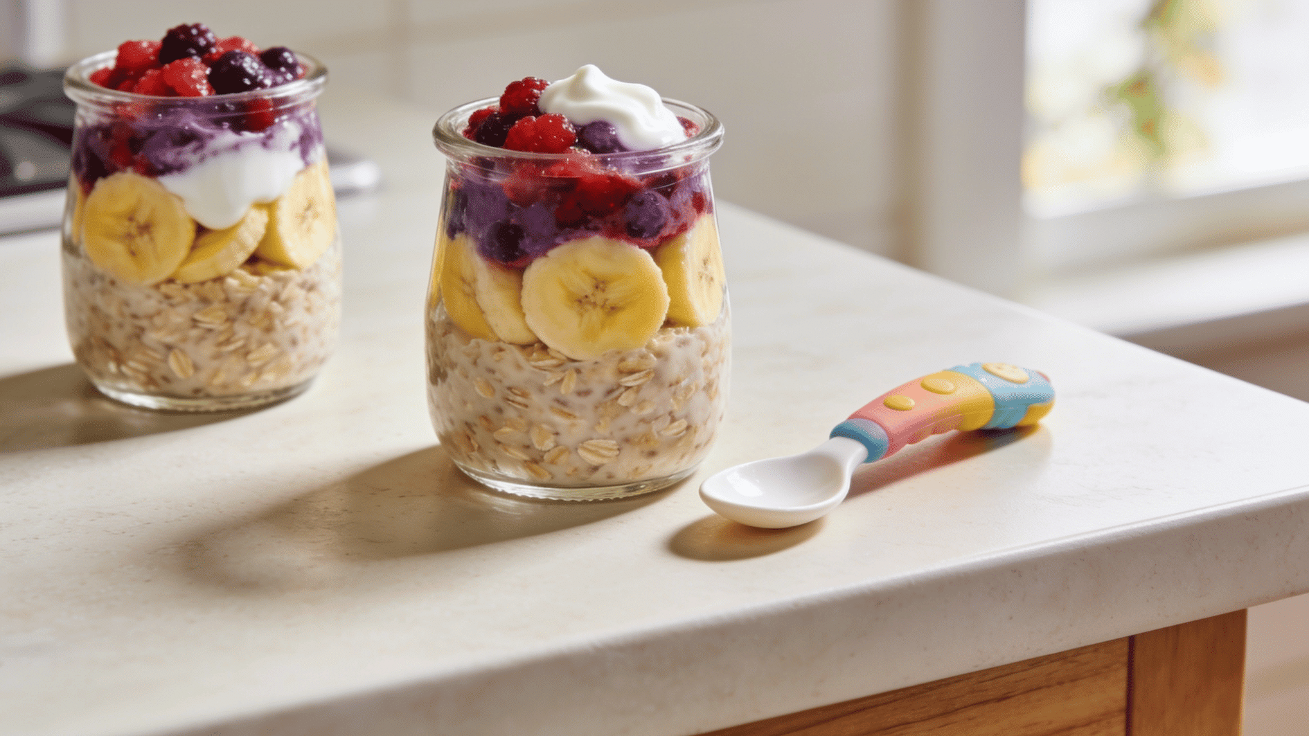 _small jars of overnight oats with mashed berries, banana slices, and yogurt on a kitchen counter