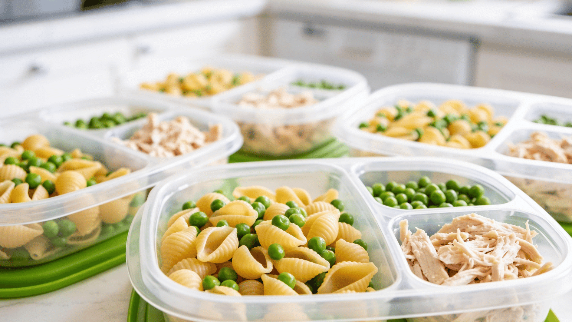 small pasta shells mixed with peas and shredded chicken in toddler meal prep containers, s