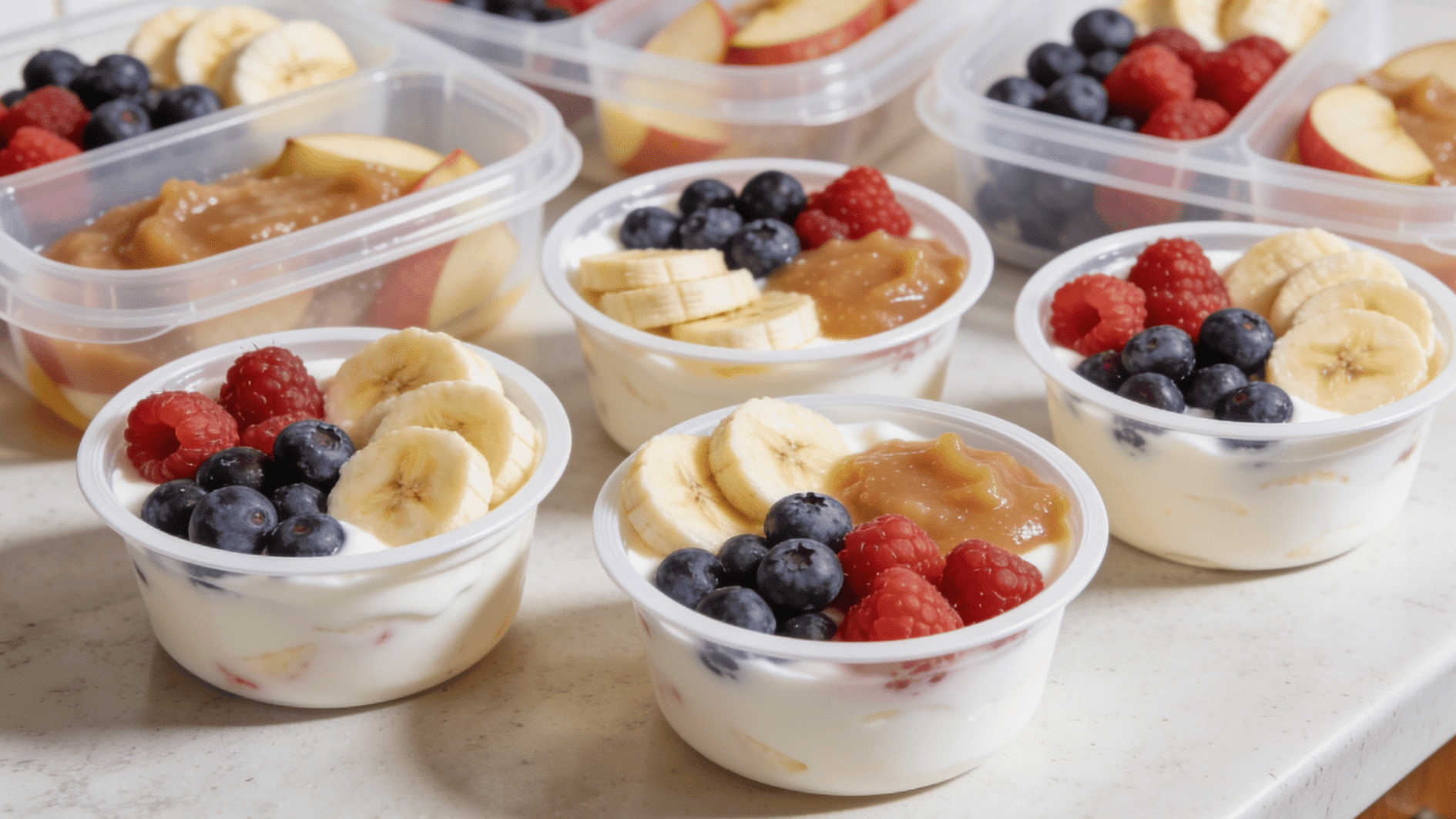 small toddler yogurt cups topped with soft berries, banana slices, and applesauce, arranged neatly in meal prep containers