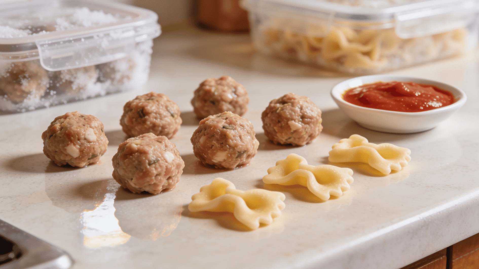 small turkey meatballs with pasta in toddler-sized portions, soft tomato sauce on the side