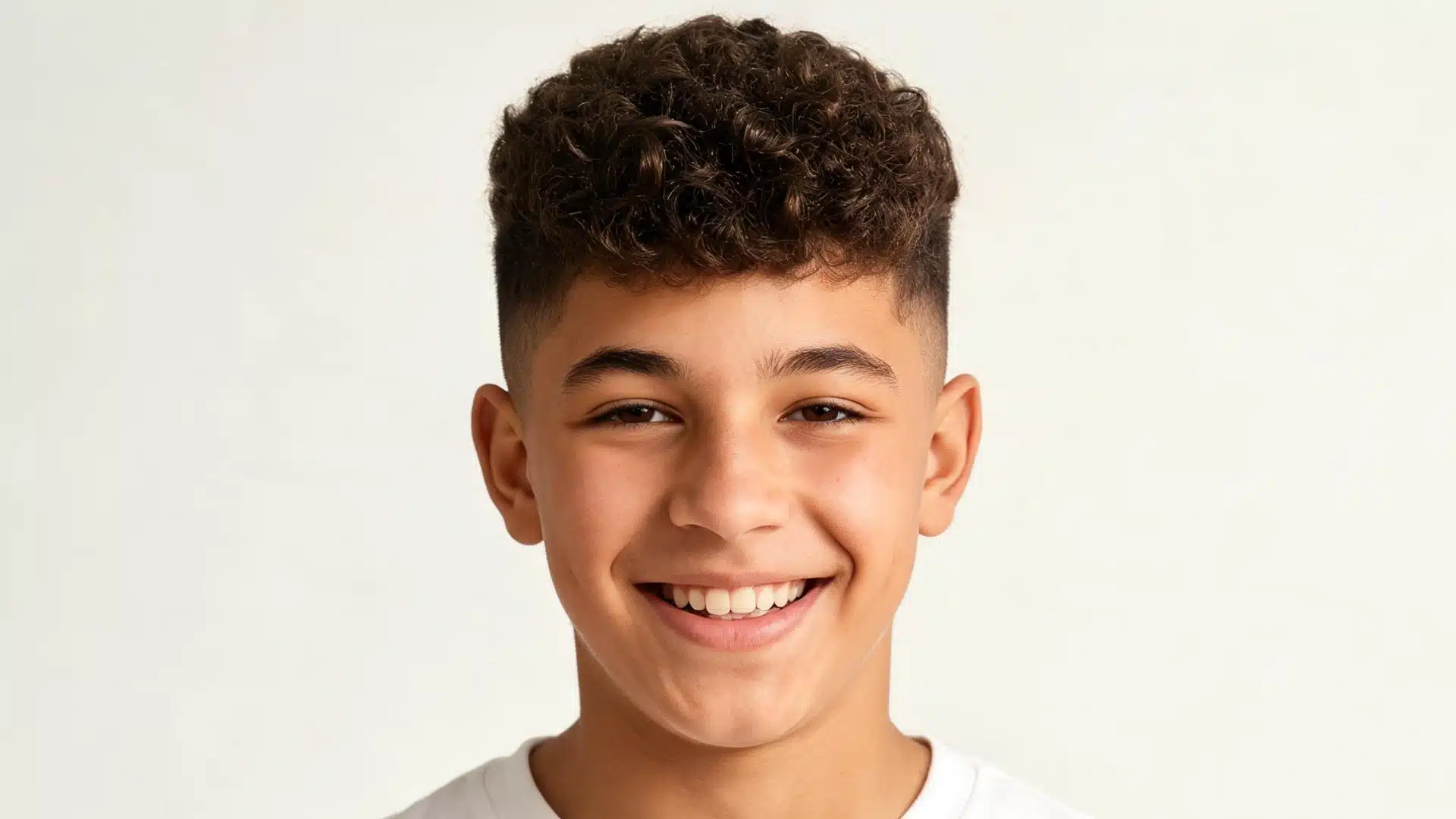 Smiling boy with a broccoli haircut featuring defined curly top and clean rounded fade around the sides