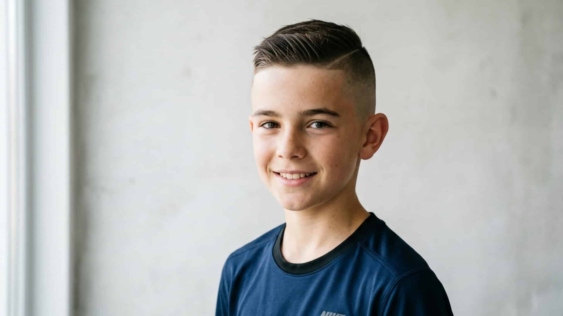 smiling boy with a hard part fade haircut featuring a shaved side part and neatly combed top with faded sides