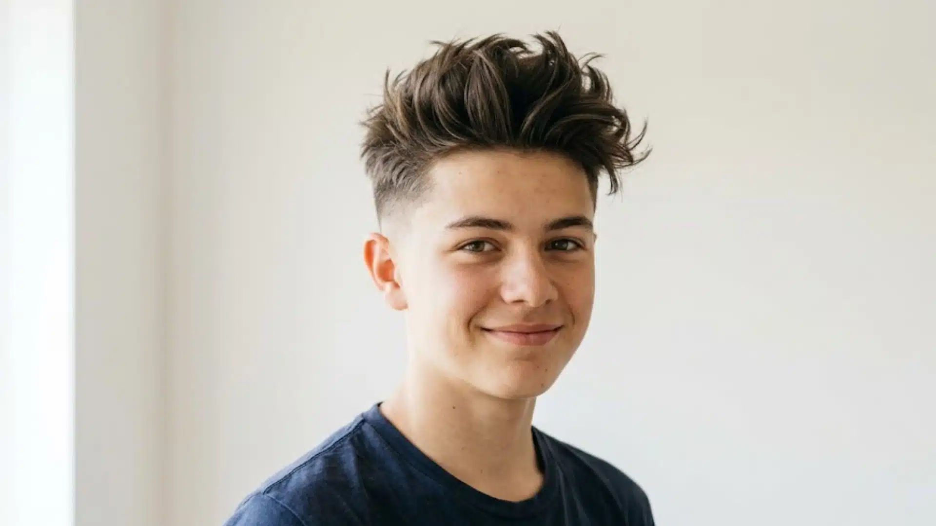 Smiling boy with a messy quiff haircut featuring voluminous brushed up hair and clean faded sides