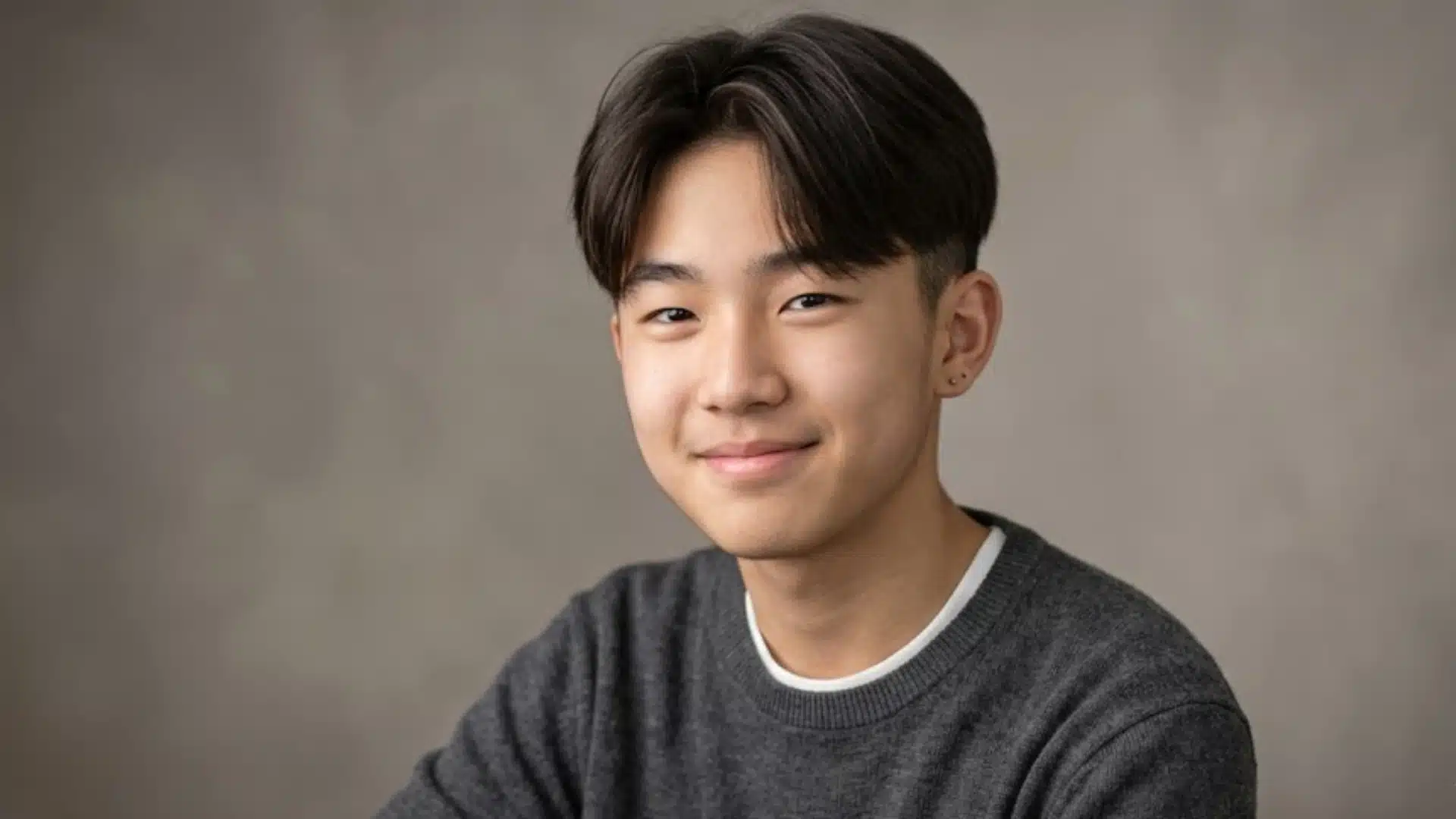 smiling boy with a two block haircut featuring center parted straight hair and neatly trimmed short sides