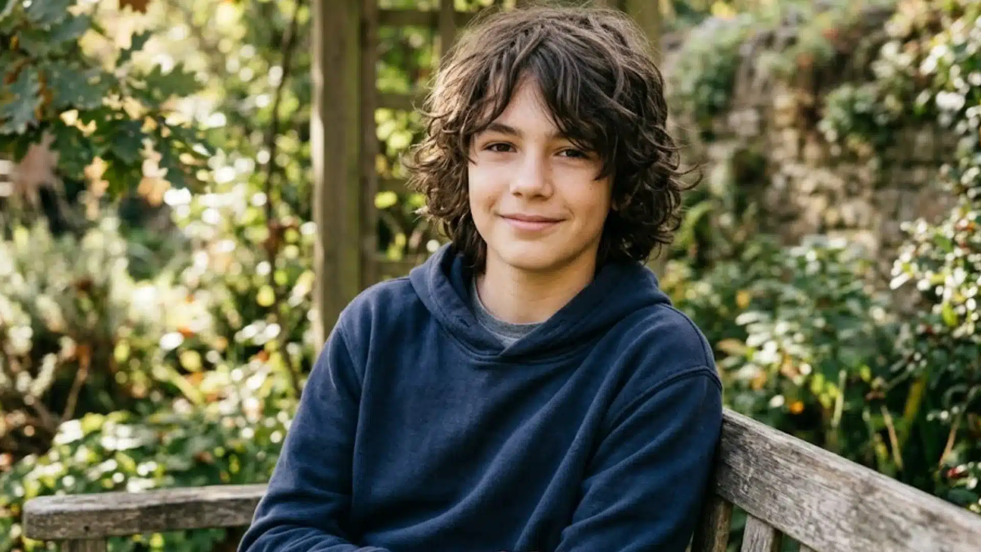 smiling boy with shaggy layered haircut featuring medium length textured hair in a natural outdoor garden setting