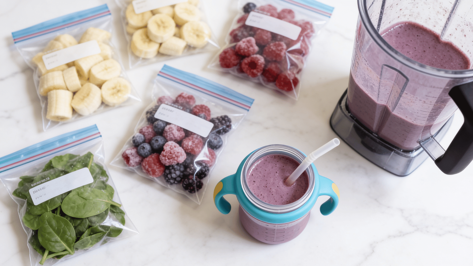 Smoothie freezer packs prepped for quick toddler breakfasts, with a blended berry smoothie in a sippy cup