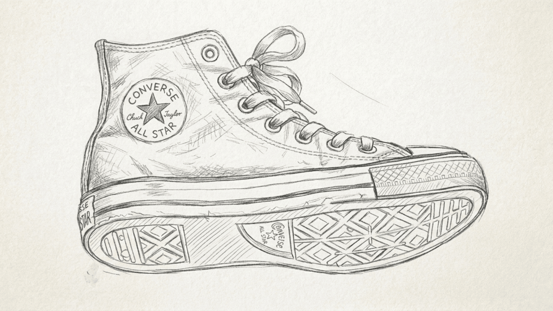 detailed pencil drawing of a single sneaker showing laces, sole texture, and stitching