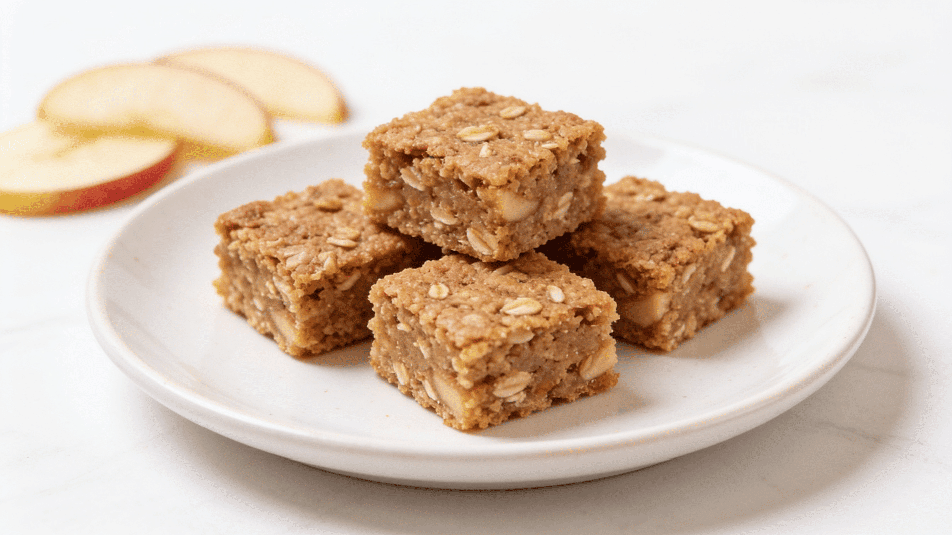 soft apple cinnamon oat breakfast bars cut into small toddler friendly pieces on a white plate