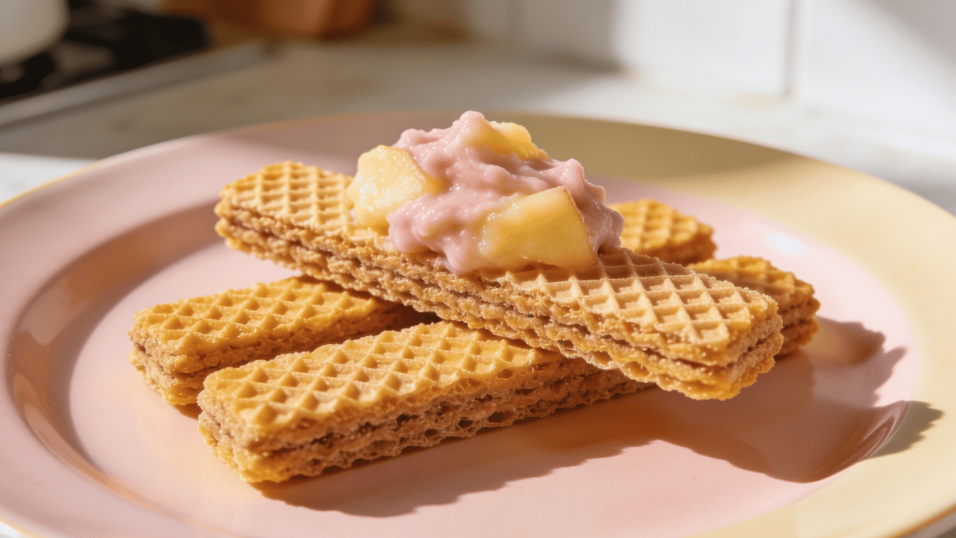 Soft golden whole-grain waffle strips with a light mashed-fruit topping