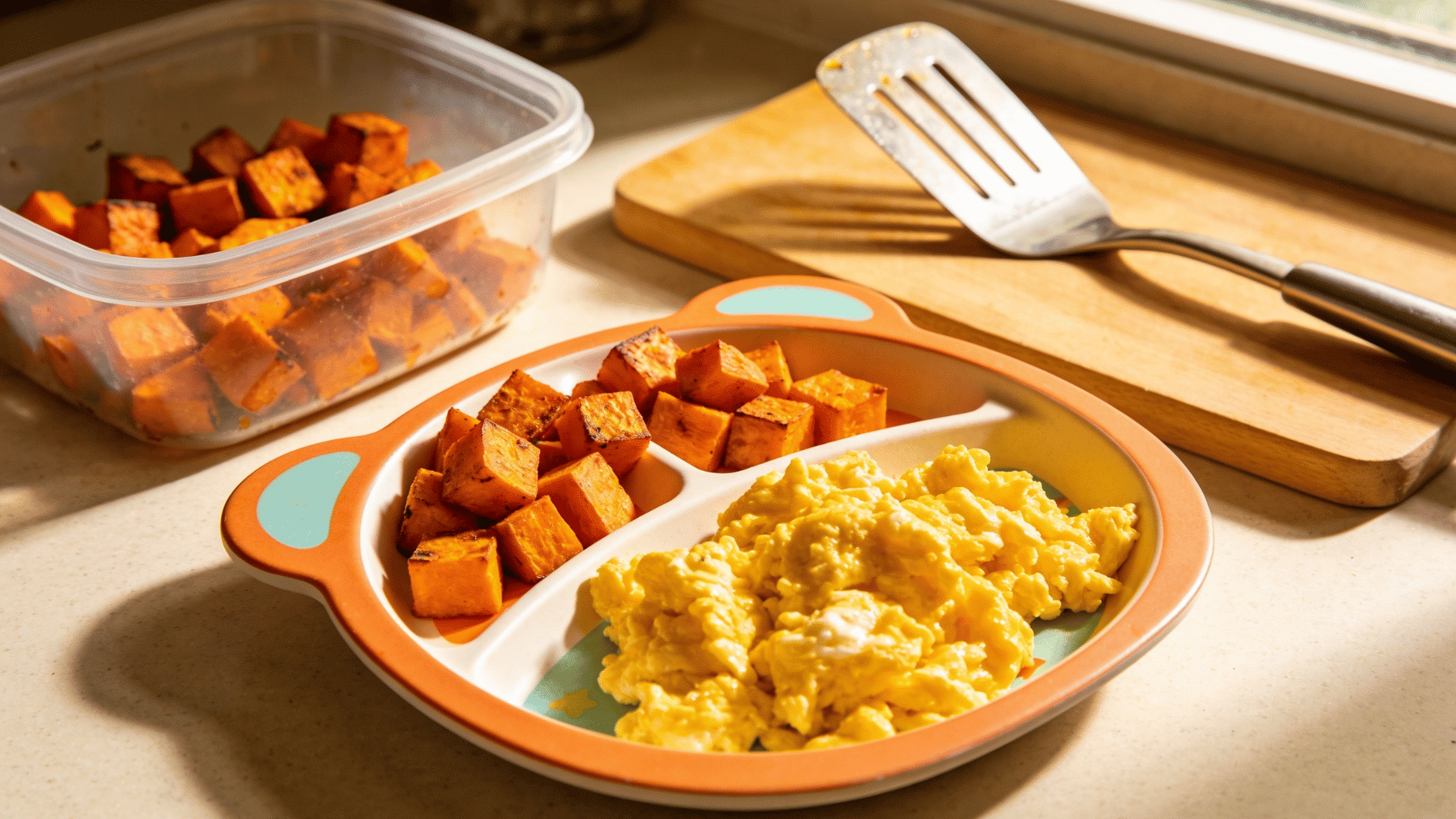 soft sweet potato cubes and scrambled egg served on a toddler plate, extra roasted sweet potatoes in a prep containe