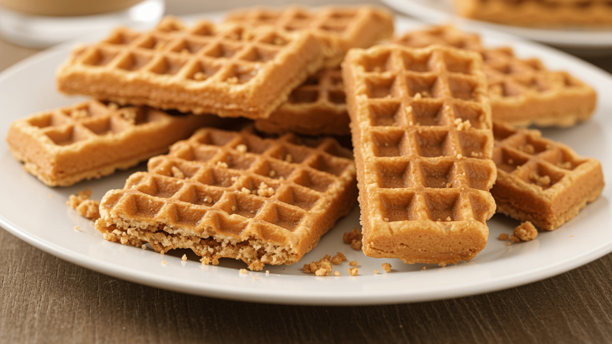 soft Waffle Strips, thin crisp edges, light maple glaze, subtle crumbs scattered