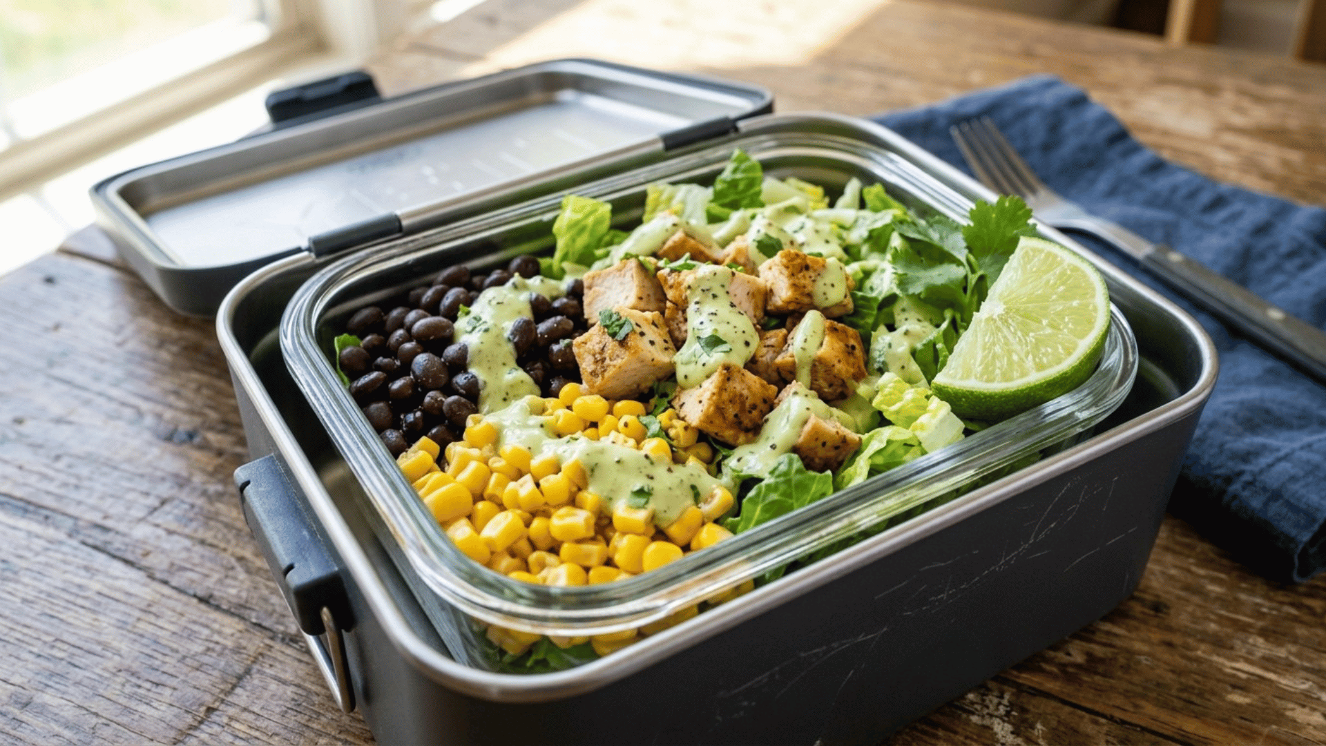 southwest chicken salad with lime packed in a charcoal steel lunchbox