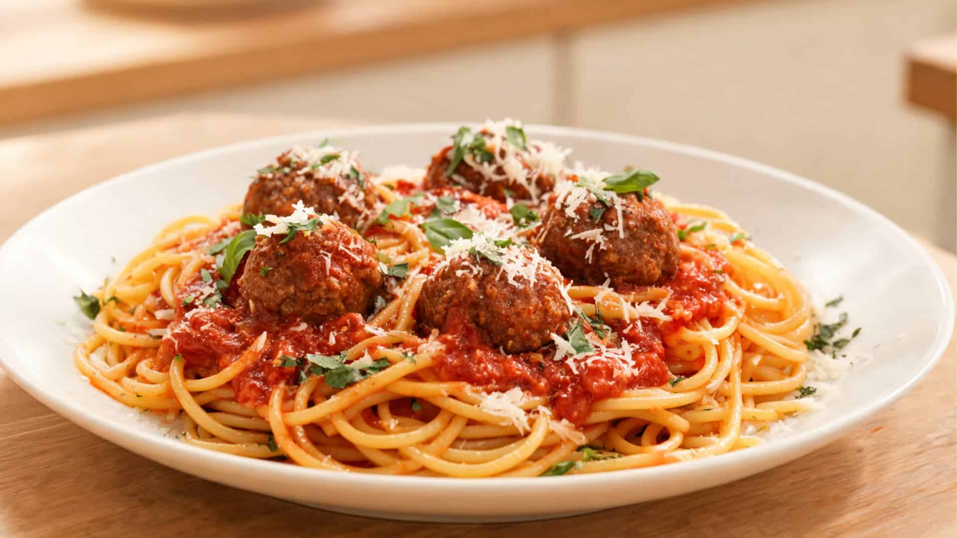 spaghetti with meatballs in tomato sauce topped with parmesan cheese and herbs served on a white plate on a wooden table