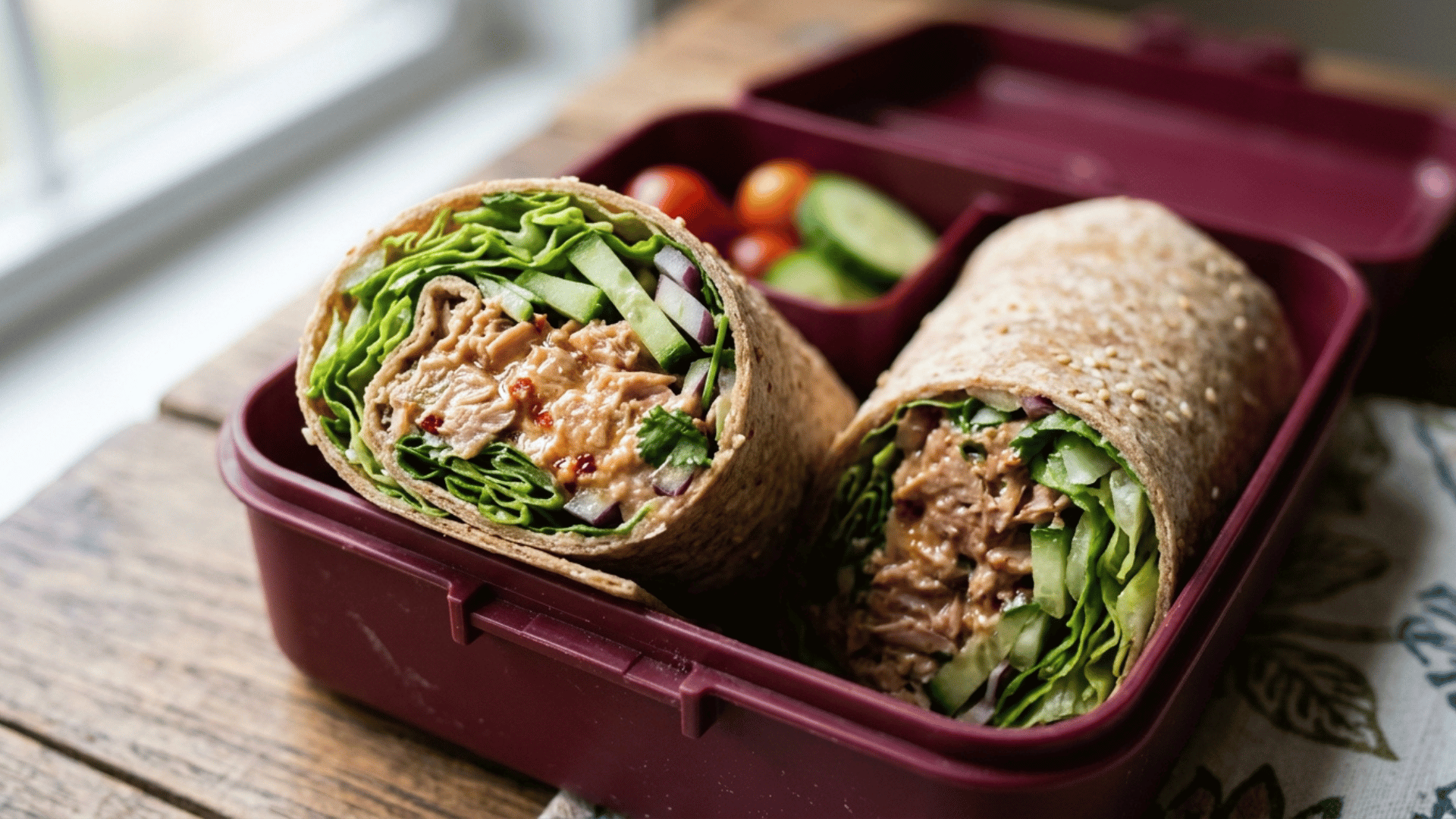 spicy tuna wrap sliced in half packed in a maroon plastic lunchbox