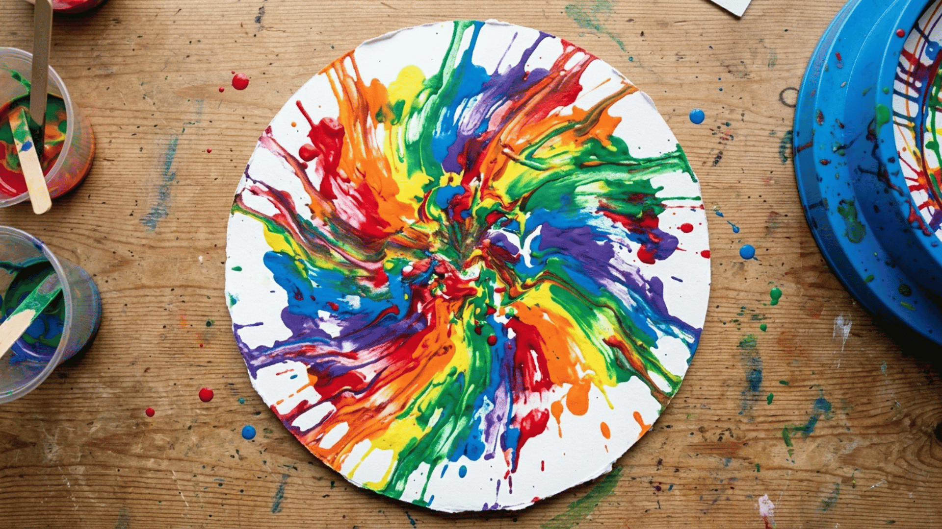 preschooler spin art painting with swirled rainbow colors