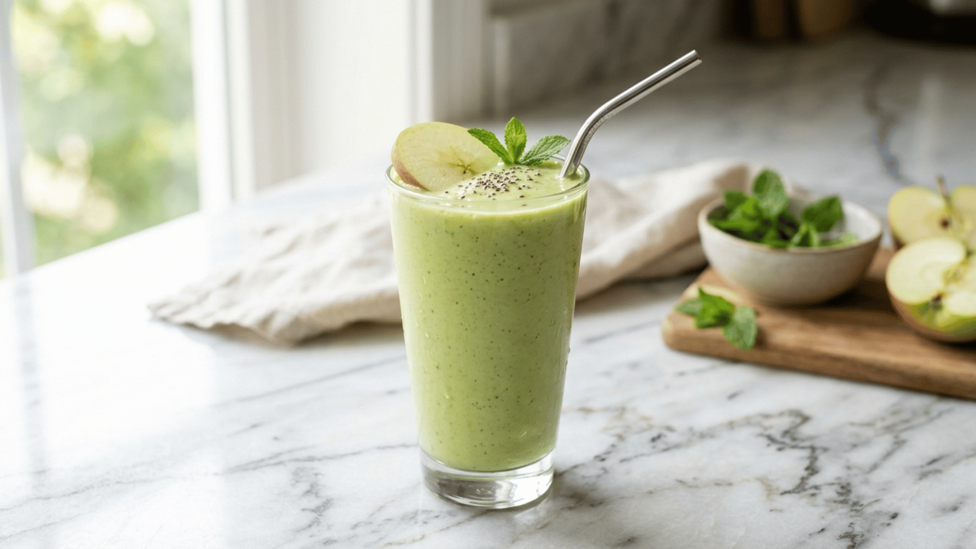spinach and apple green smoothie in a glass with apple slice garnish