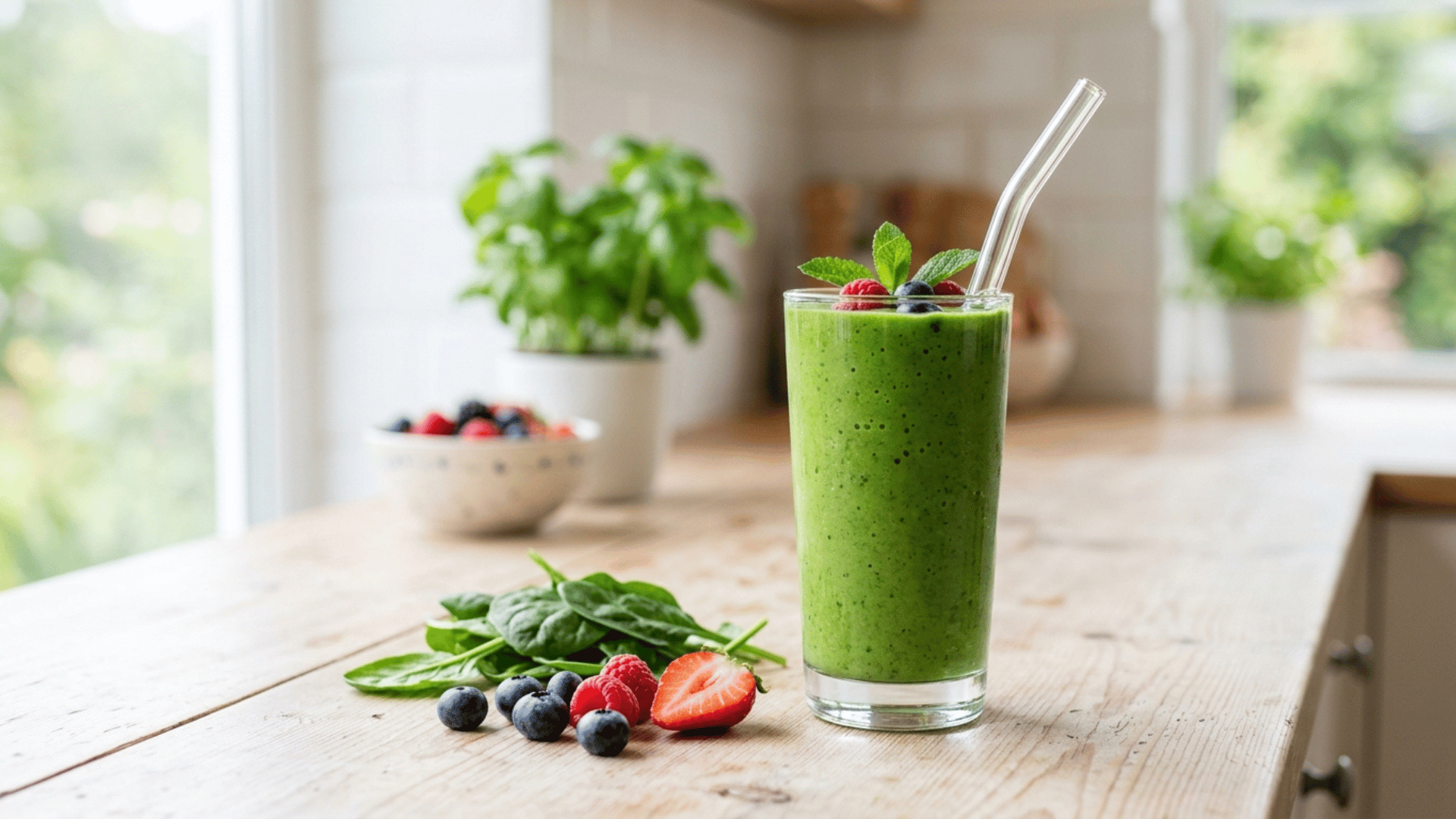 green spinach smoothie in a glass with berries beside it