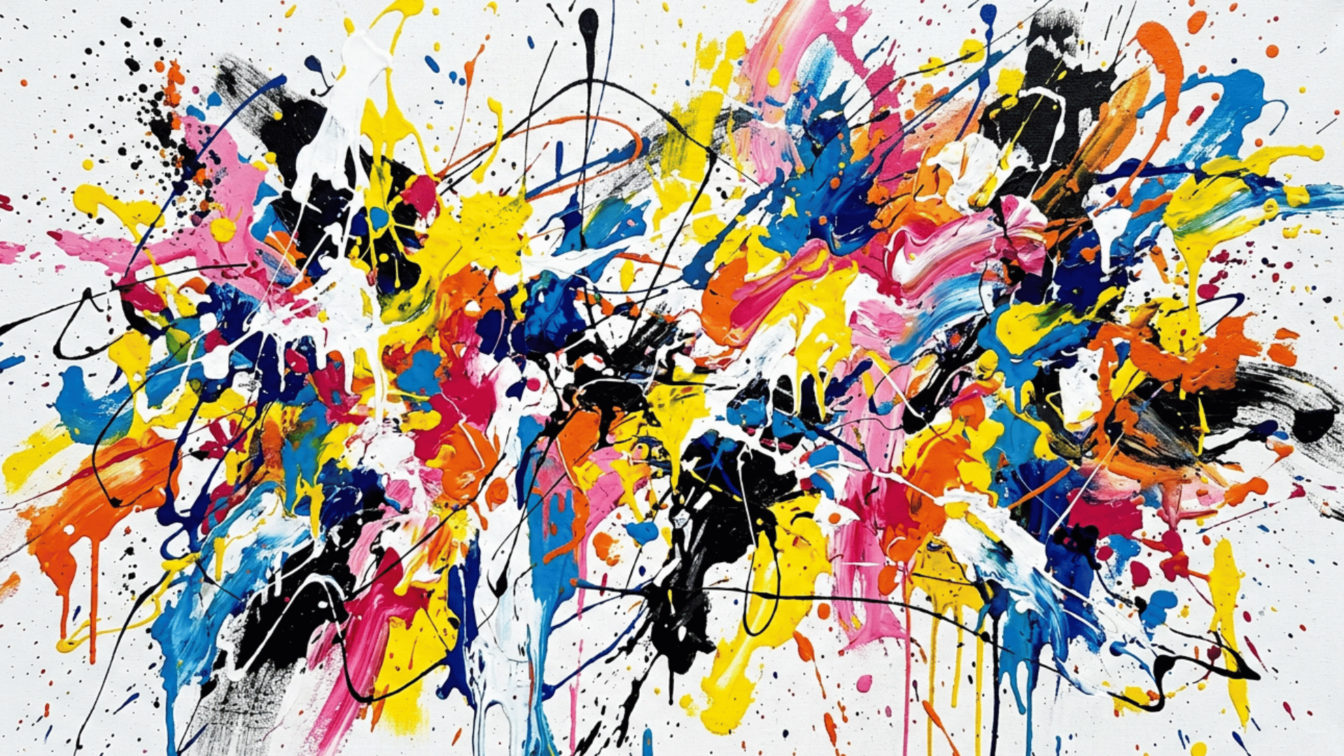 vibrant abstract action painting featuring energetic splatters of yellow blue pink orange black and white