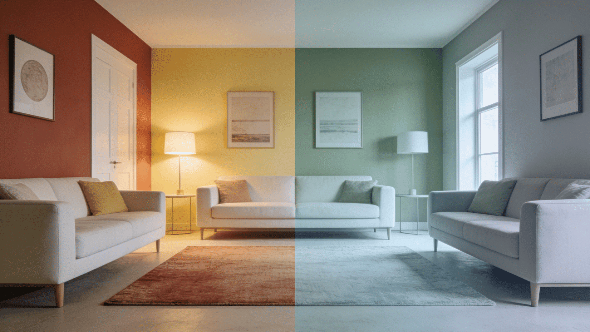 split living room showing warm terracotta and yellow tones fading into cool green and blue paint colors.