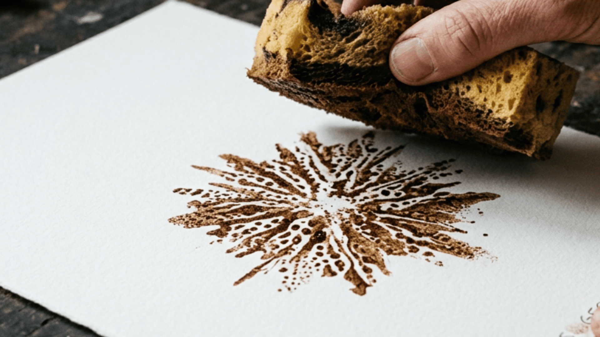 an artist lifts a textured sponge from paper, revealing a brown starburst print in a studio setting