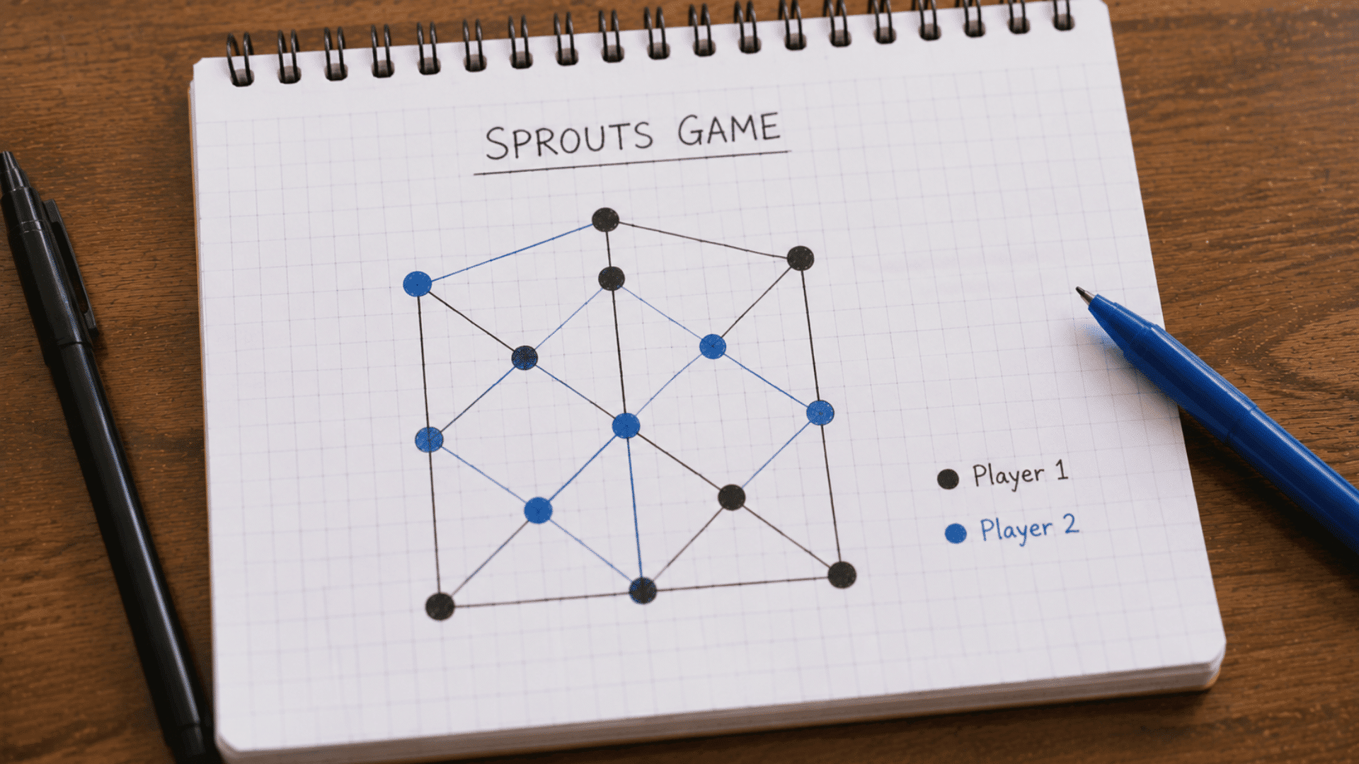 sprouts game hand-drawn in a grid notebook with black and blue lines and dots connecting a geometric pattern
