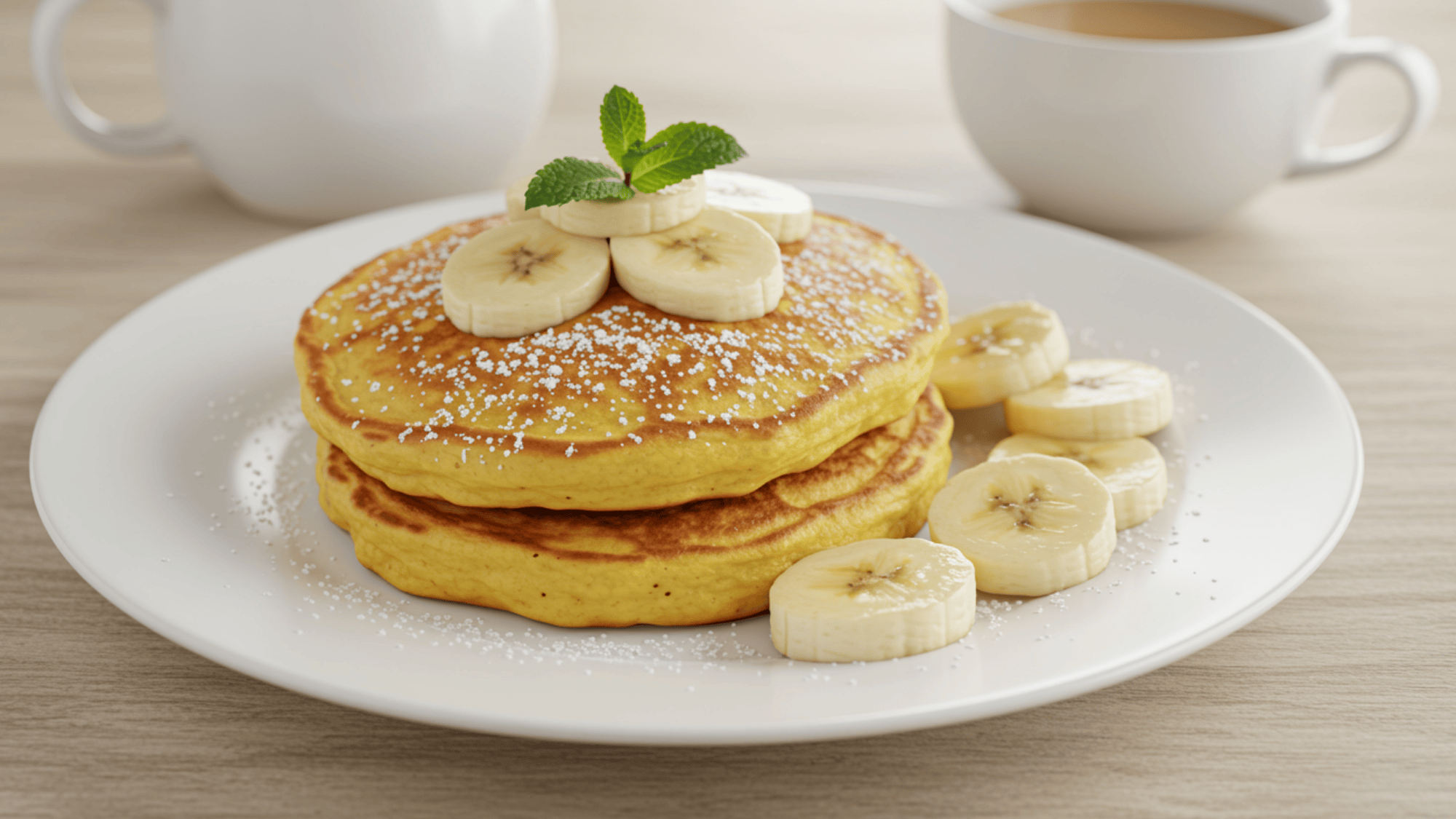 stack of banana egg pancakes drizzled maple syrup, butter pat, warm steam, close-up studio shot
