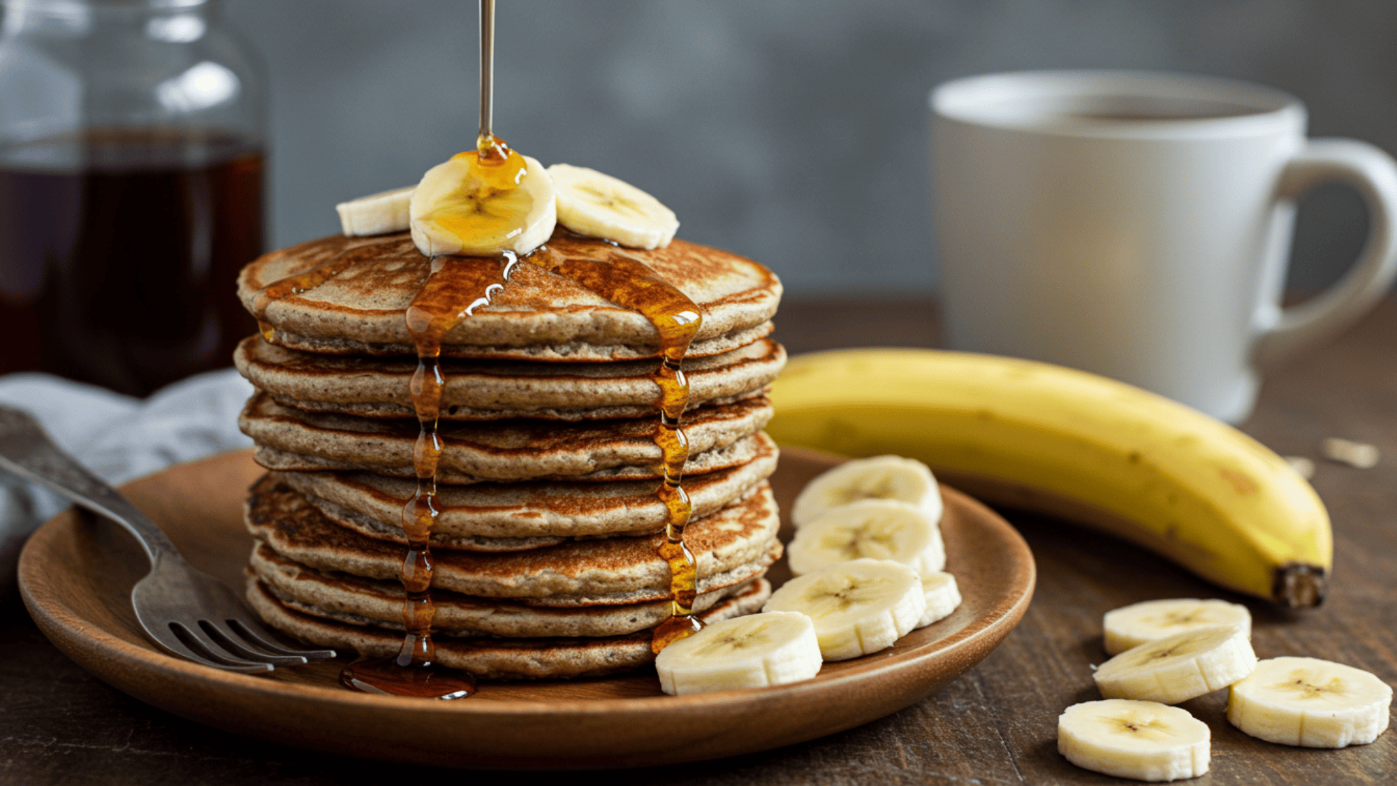 stack of banana oat pancakes with maple syrup drizzle, sliced bananas, rustic wooden plate, morning light