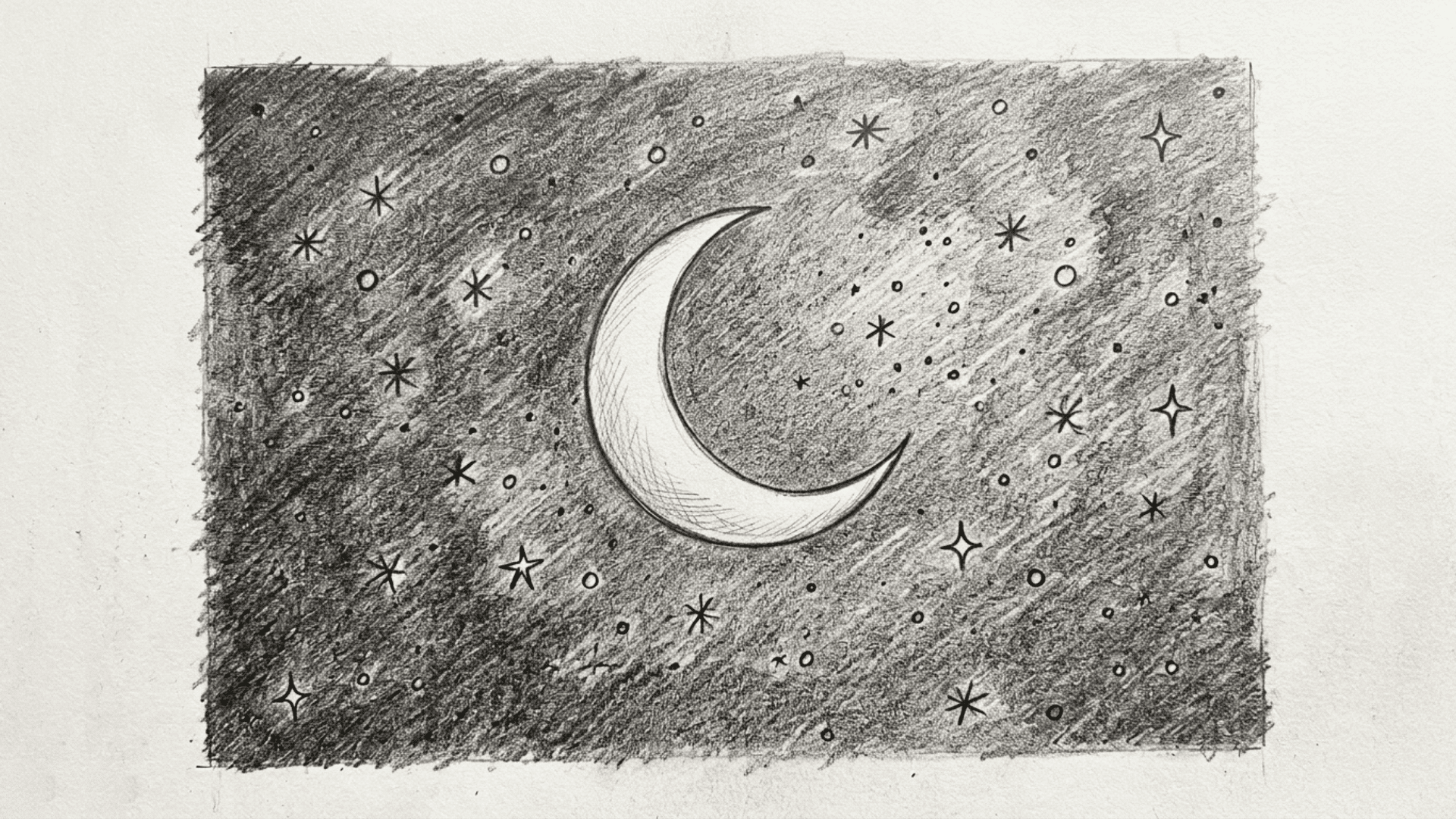 pencil sketch of a crescent moon with scattered stars against a darker shaded night sky