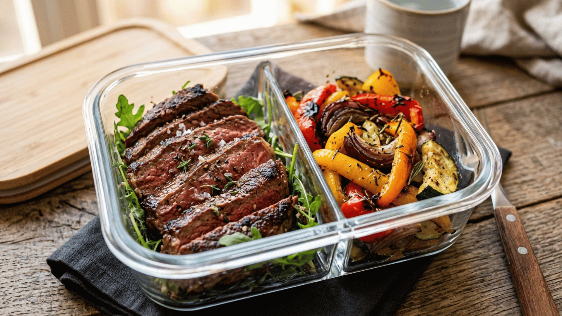 sliced steak and roasted veggies packed in a divided glass lunchbox