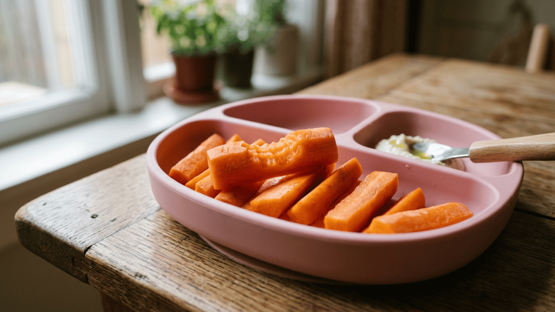 steamed carrot batons served on a pink silicone plate for baby-led weaning finger food