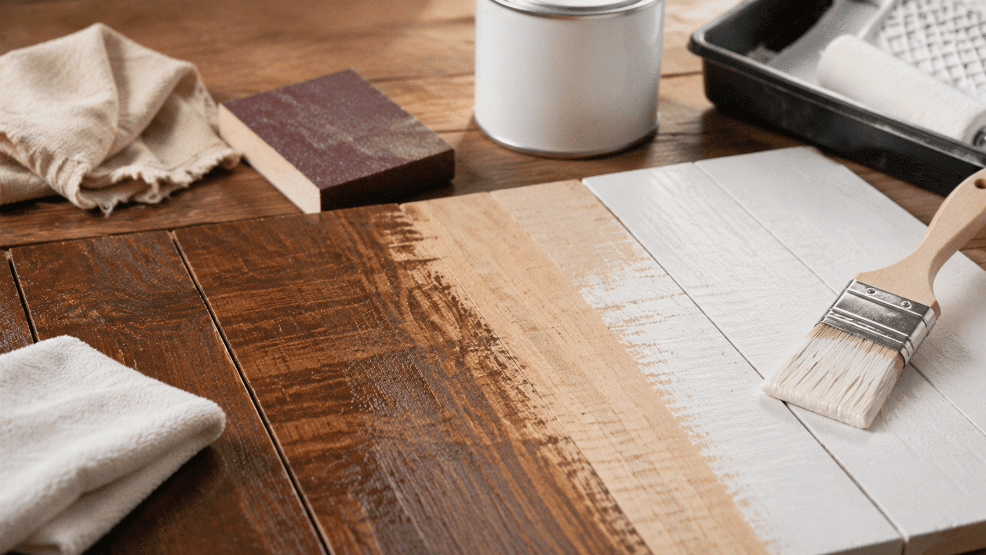step by step wood surface preparation with sanding cleaning priming and painting on wooden boards in workshop setup