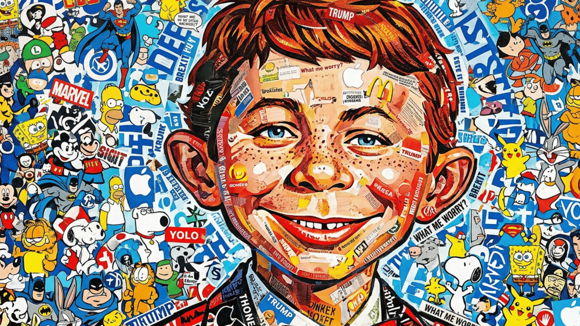 vibrant pop culture collage portrait of a smiling freckled boy with red hair, his face and background filled with colorful stickers, logos, and text from brands, cartoons and memes