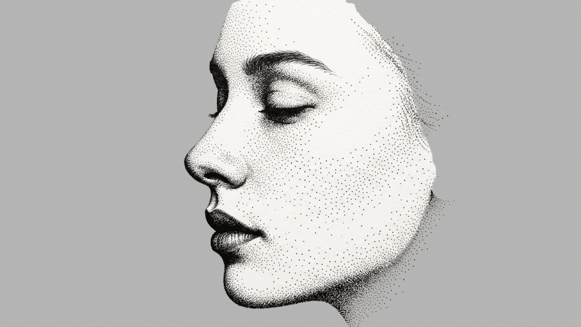 detailed stippling portrait drawing showing a realistic side profile created with fine ink dots and soft shading